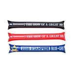 Three inflatable cheer sticks in black, red, and blue with various branding logos.
