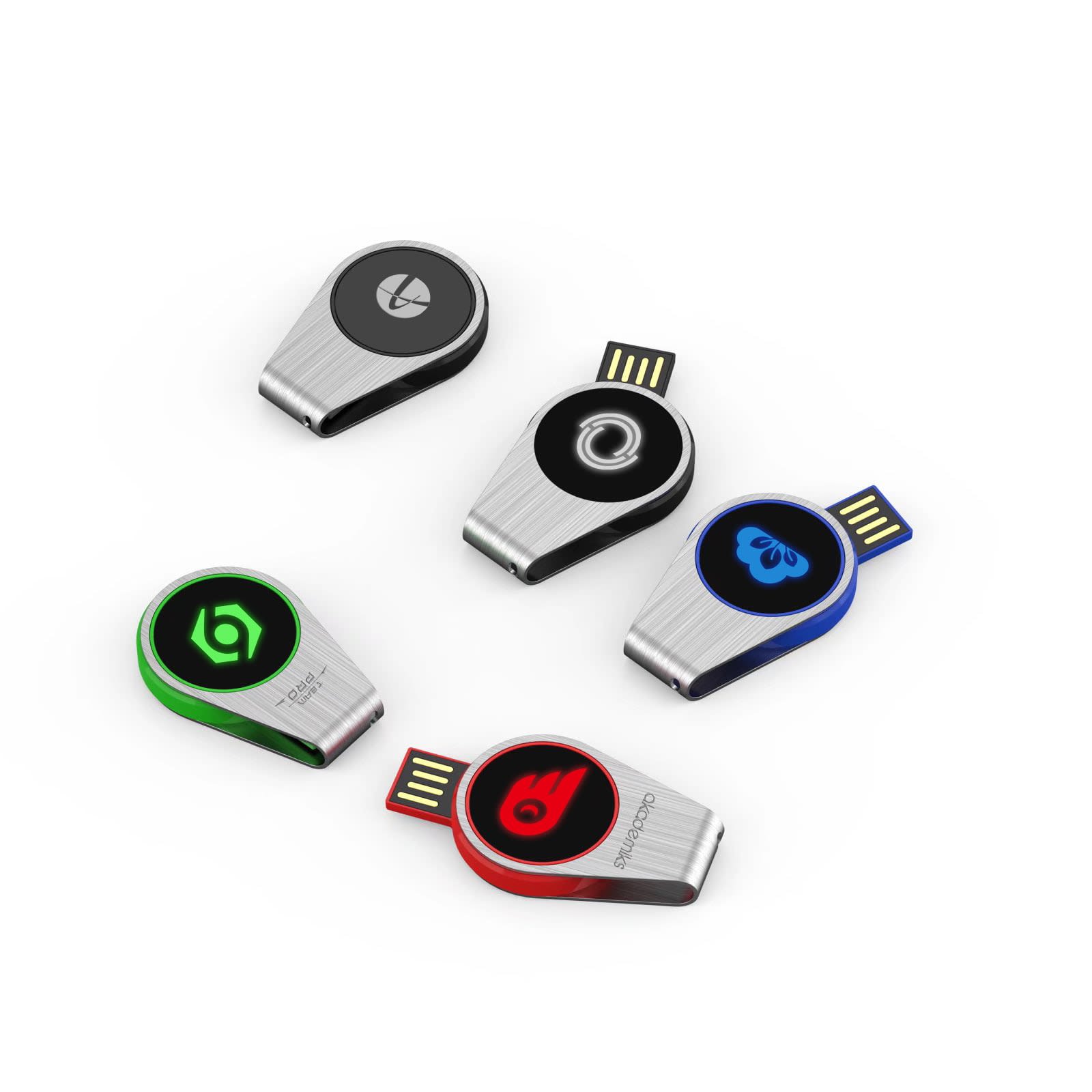 Five swivel flash drives in silver and various colours, each with a different logo on the front. Swivel Lighting Logo Flash Drive - Image 1