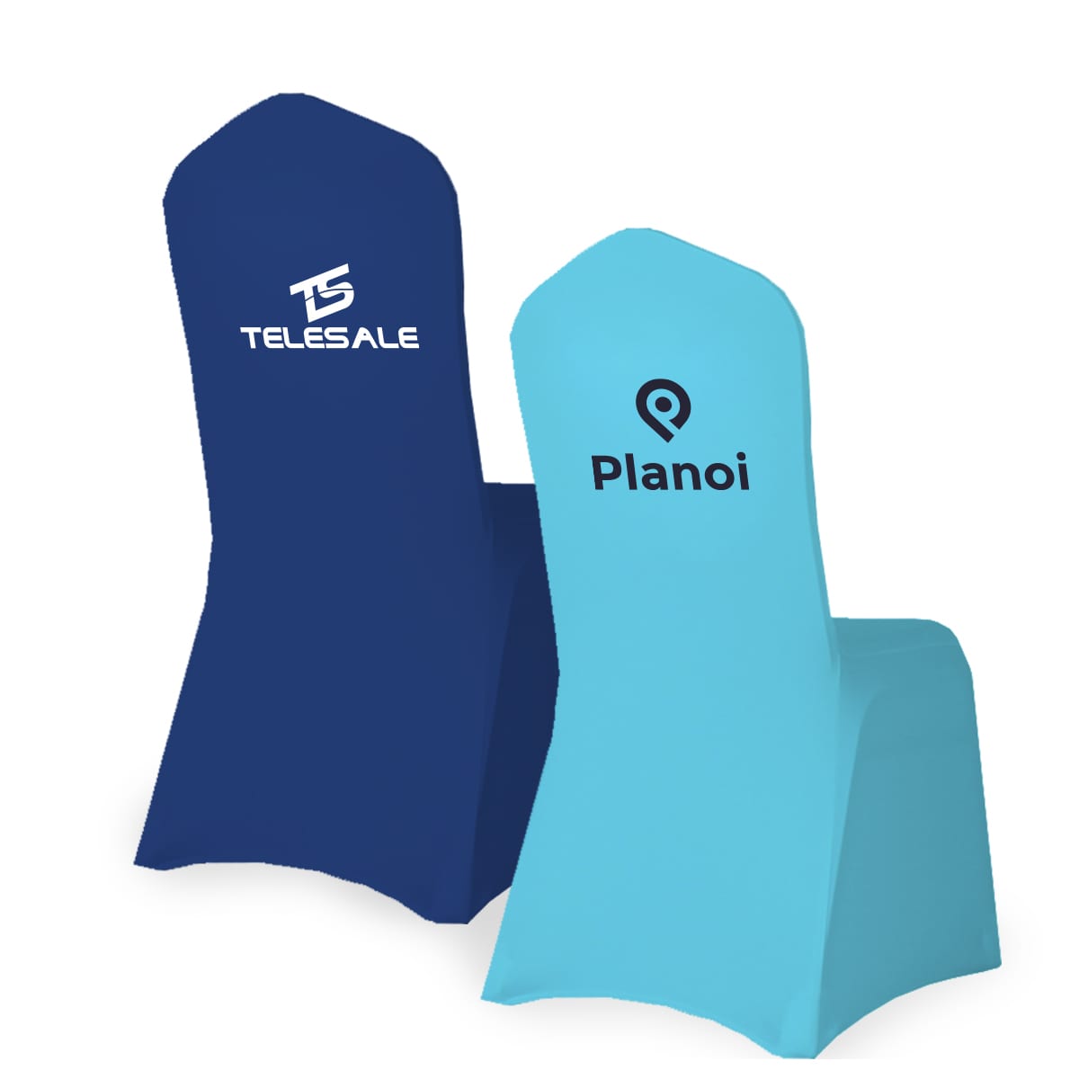 Fitted banquet chair covers in navy blue and sky blue, featuring logos on the front. Fitted Banquet Chair Cover - Image 1