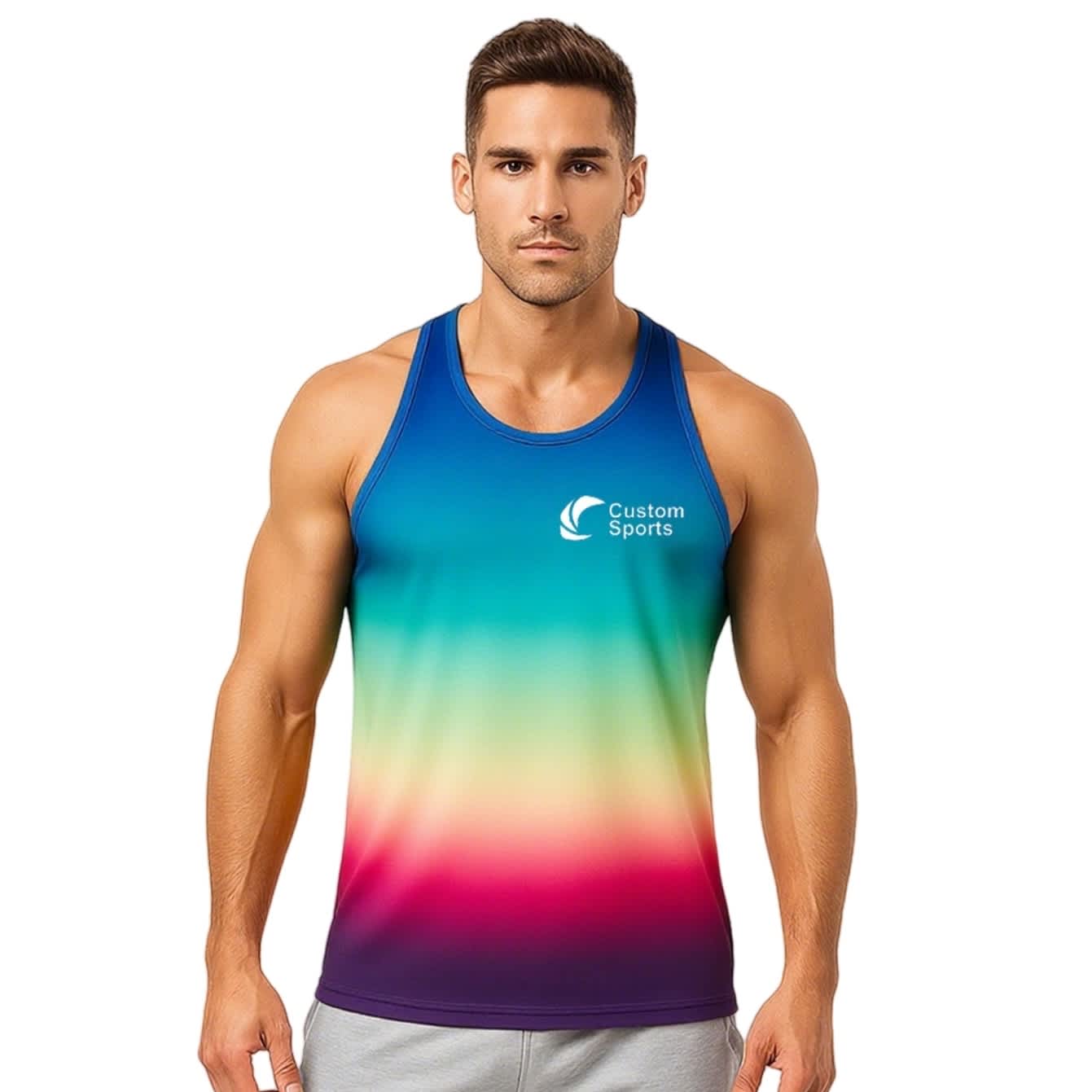 A gradient singlet featuring blue, green, yellow, and pink hues, with a logo on the front. 100% Polyester Micro Mesh Sublimated Crew Neck Racerback Singlet - Image 1