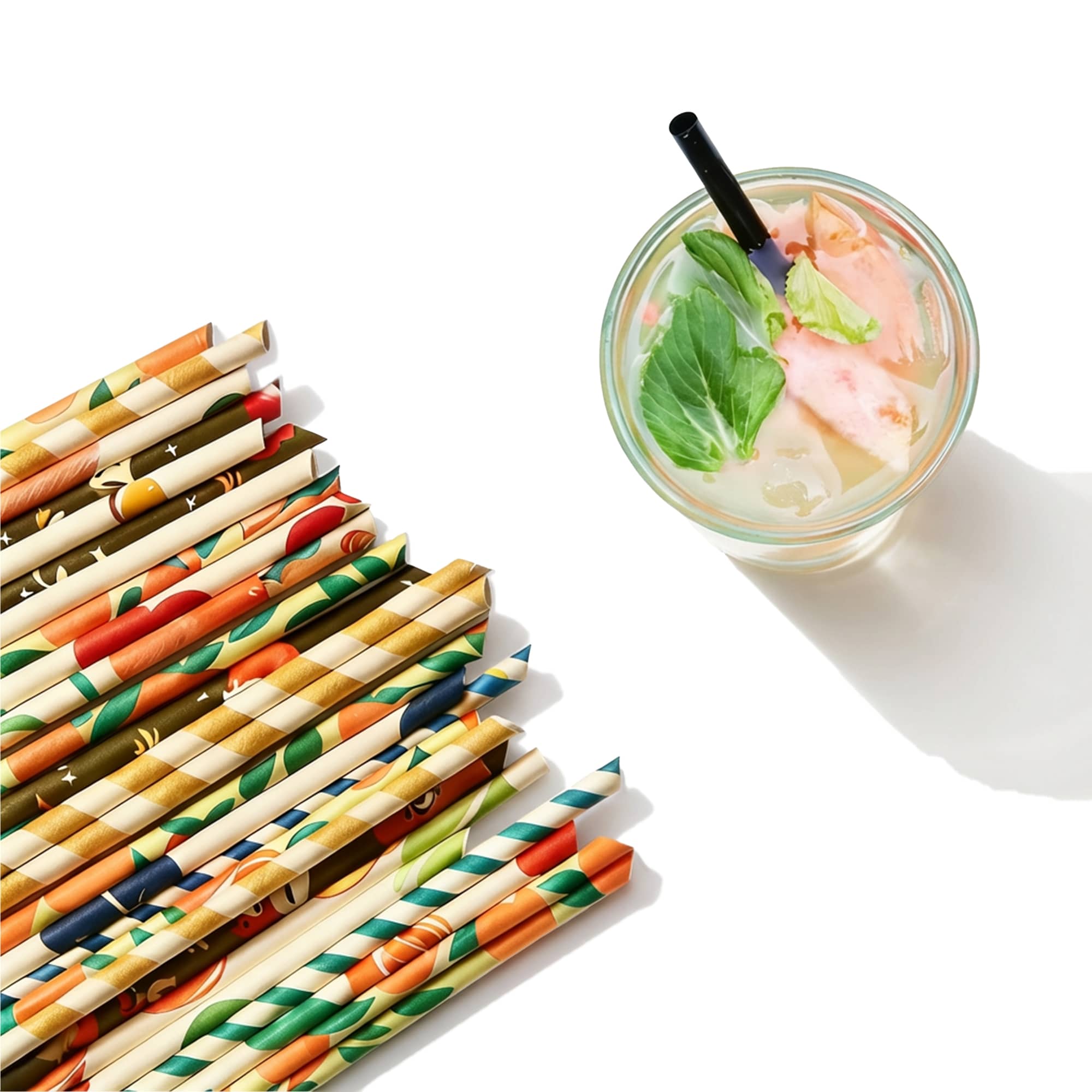 A drink bottle with a colourful paper straw alongside a bundle of decorative 4-ply straight angled paper straws. Custom Disposable 4-Ply Straight Angled Paper Straws - Image 1