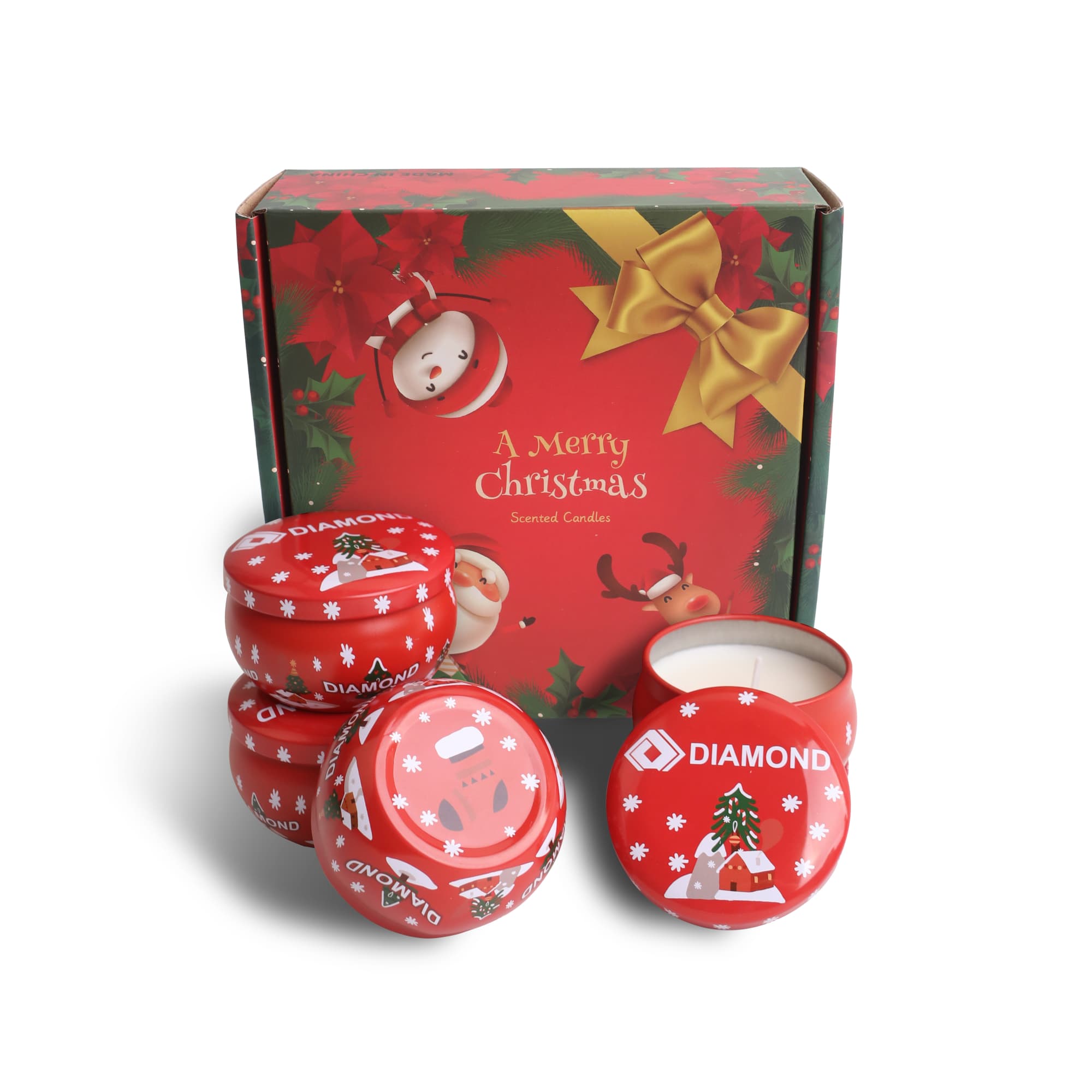 A set of four red tin candles in festive containers, displayed in a Christmas-themed box with decorations. Tin Candle Set (4pcs) - Image 1