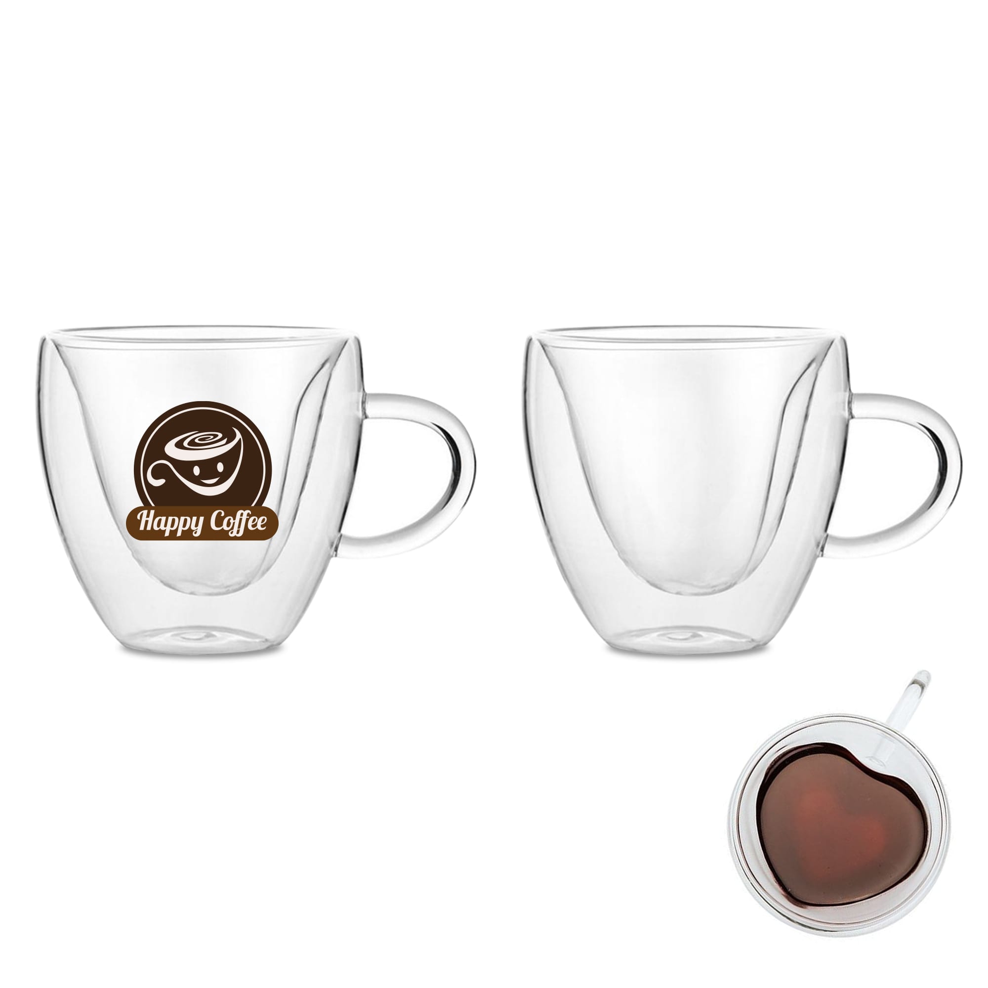 A heart-shaped double wall mug in clear glass with a handle and a logo. Features a light brown design inside. Heart Double Wall Mug - Image 1