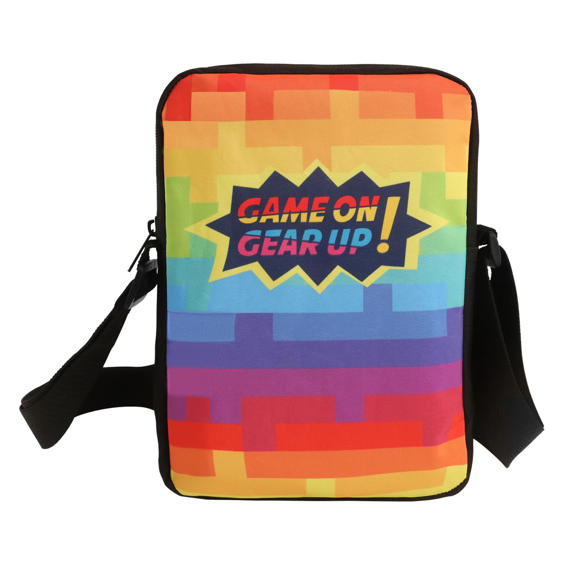 A vibrant, multi-coloured cross body bag with a black strap and a logo on the front. Sublimation Cross Body Bag - Image 1