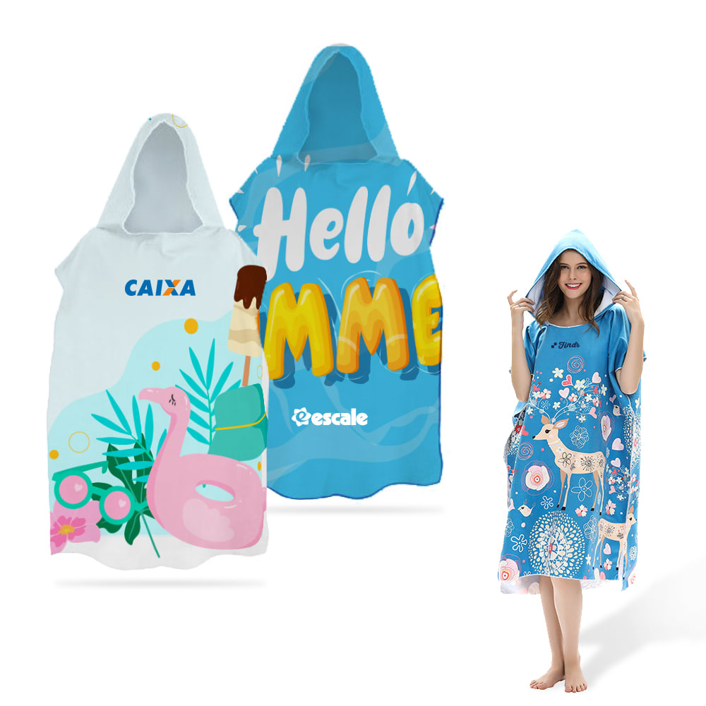 A set of two hooded towels in blue, featuring vibrant prints and a model wearing one design with a floral pattern. Sublimation Hooded Towels - Image 1