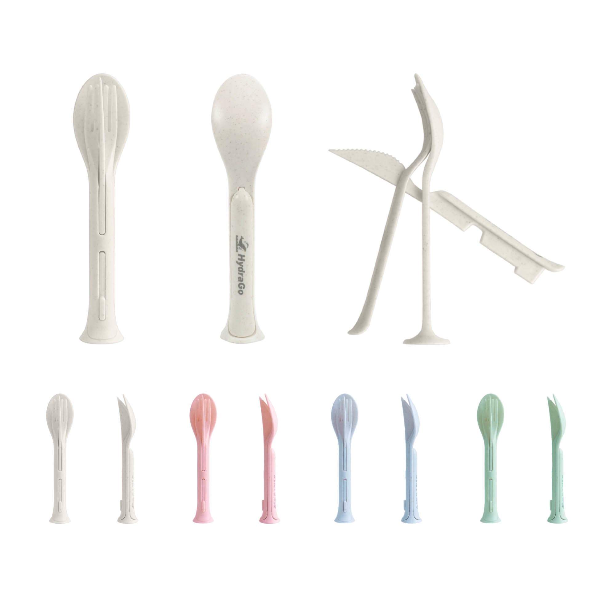 A set of portable utensils including spoons, forks, and knives in various pastel colours. The set is compact and features a logo. 3-In-1 Portable Utensils Set - Image 1