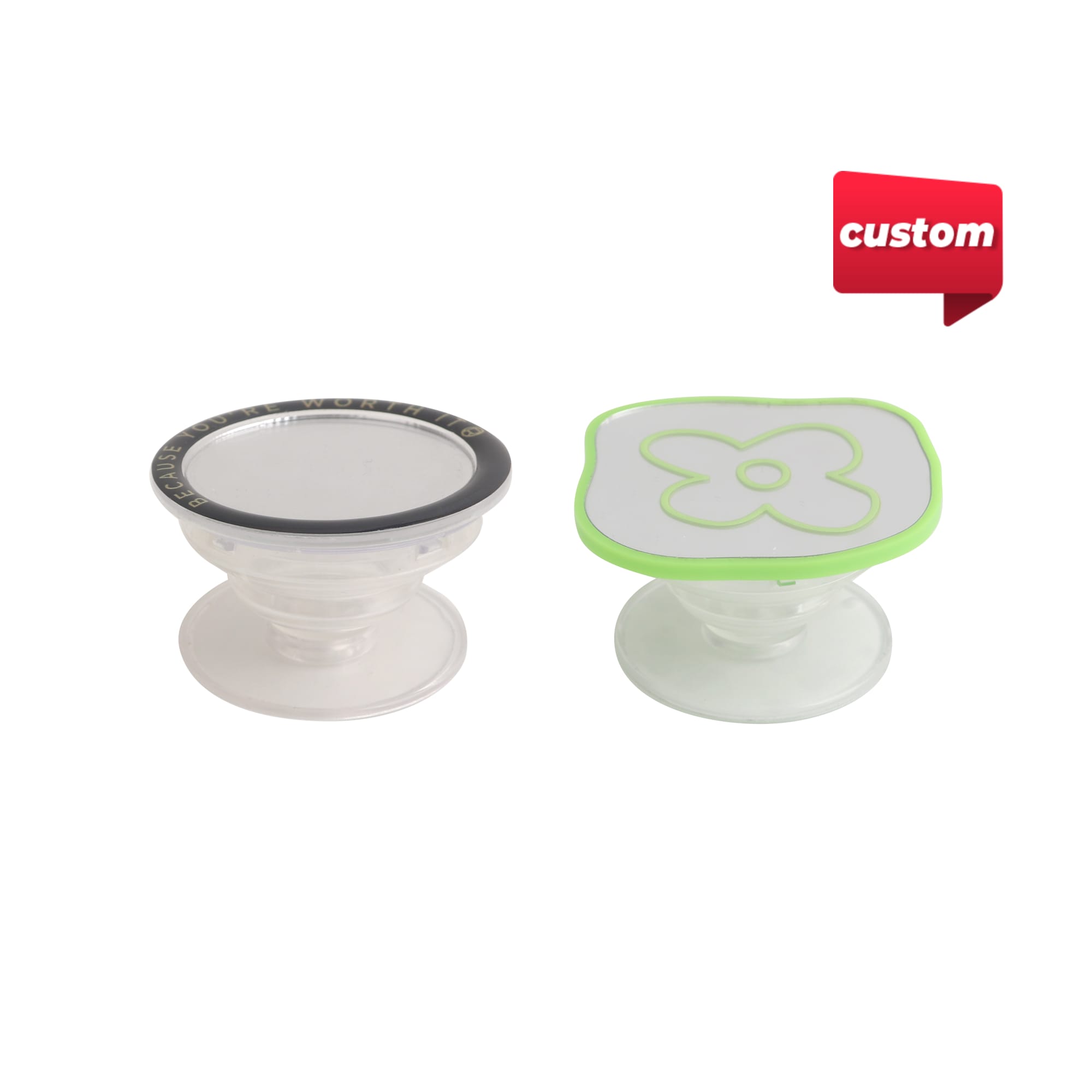 Custom-shaped mirror phone pop holders in clear and green colours, with a smooth surface and a flexible base. Custom Shaped Mirror Phone Pop Holder - Image 1