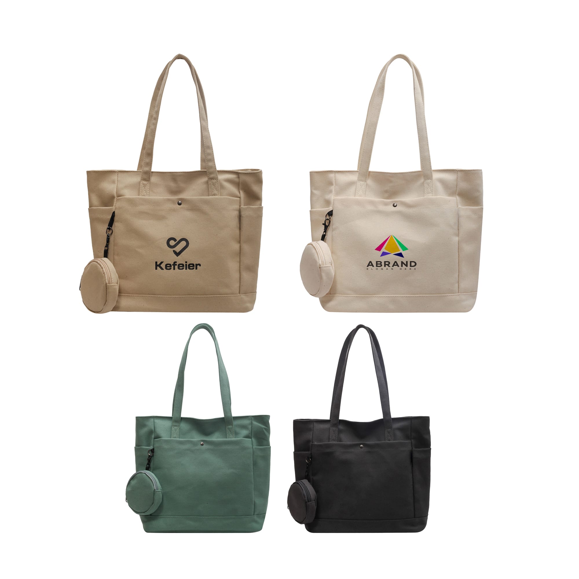 A casual canvas bag in beige, green, and black, featuring logos and a detachable round pouch. Custom Casual Canvas Bag - Image 1