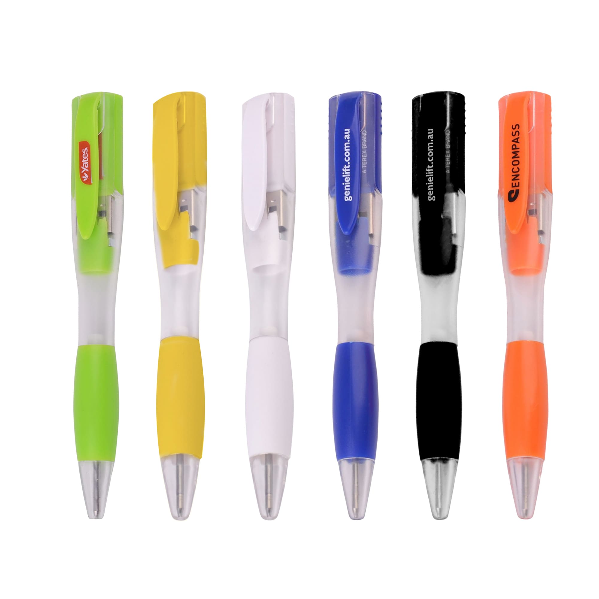 A collection of six ballpoint pens in green, yellow, blue, black, orange, and white with clear barrels and logos. Ballpoint Pen Flash Drive - Image 1