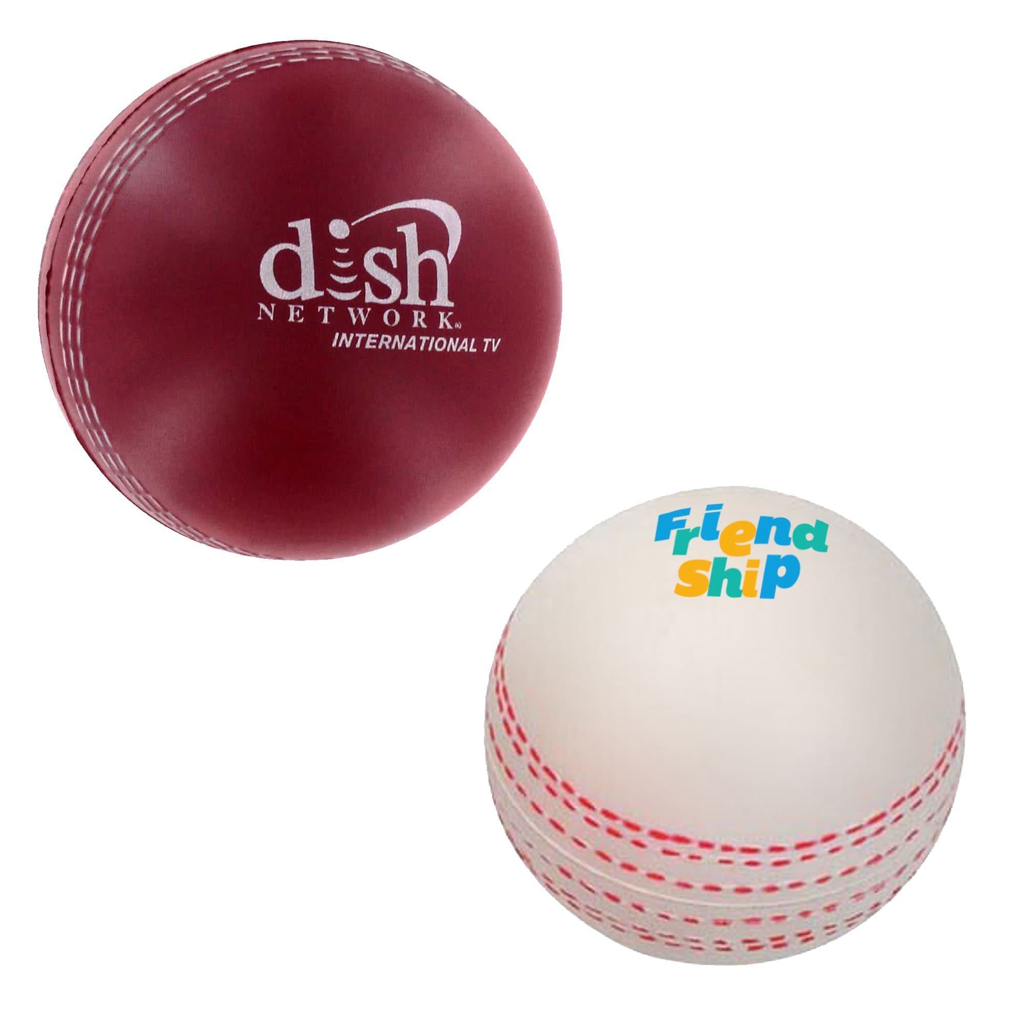 A red and white cricket ball-shaped stress reliever featuring a logo and colourful text. Both balls have stitching details. Cricket Ball Shape Stress Reliever - Image 1