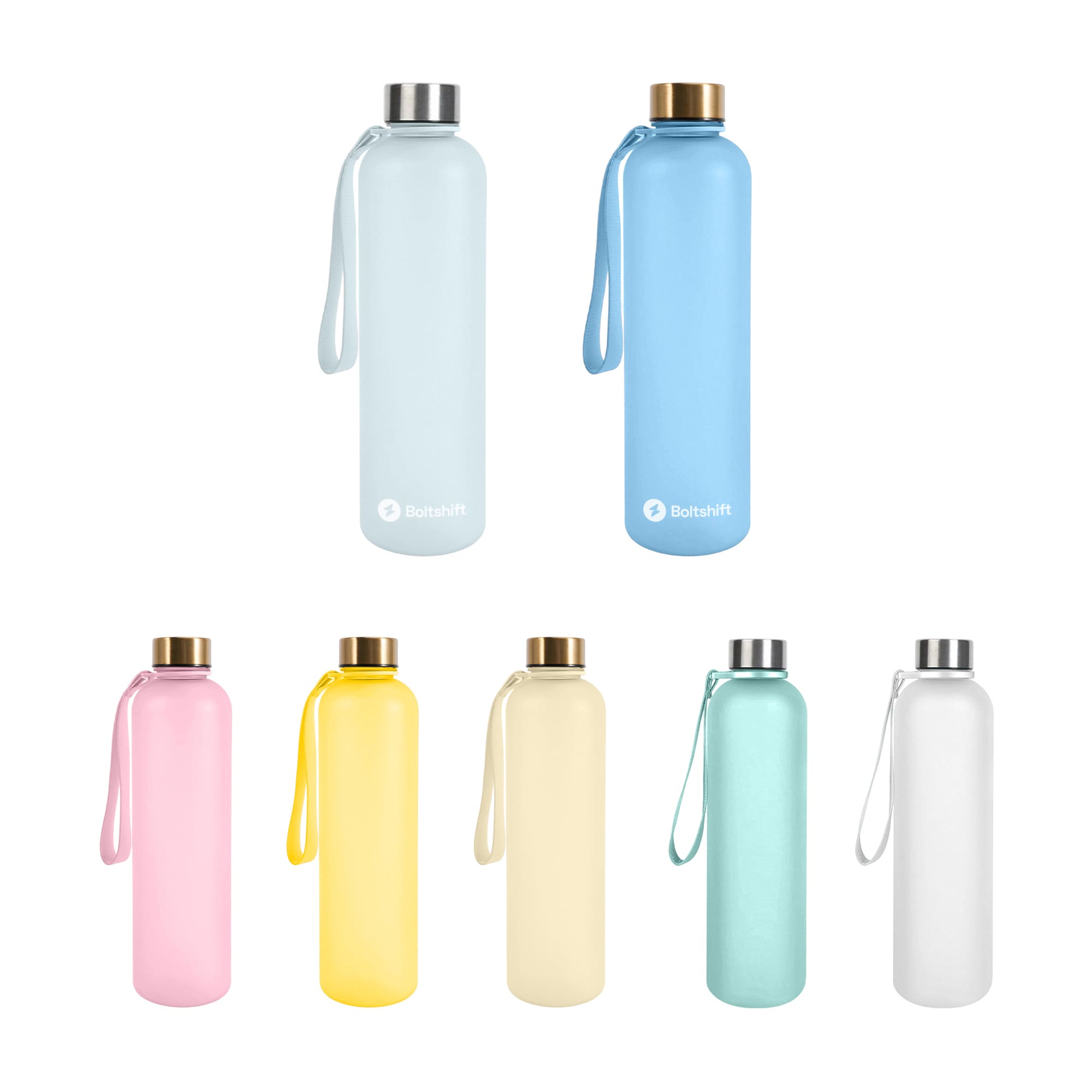 A drink bottle collection featuring pastel colours: pink, yellow, blue, green, and white, with a logo and strap. 900ML BPA Free Water Bottle - Image 1