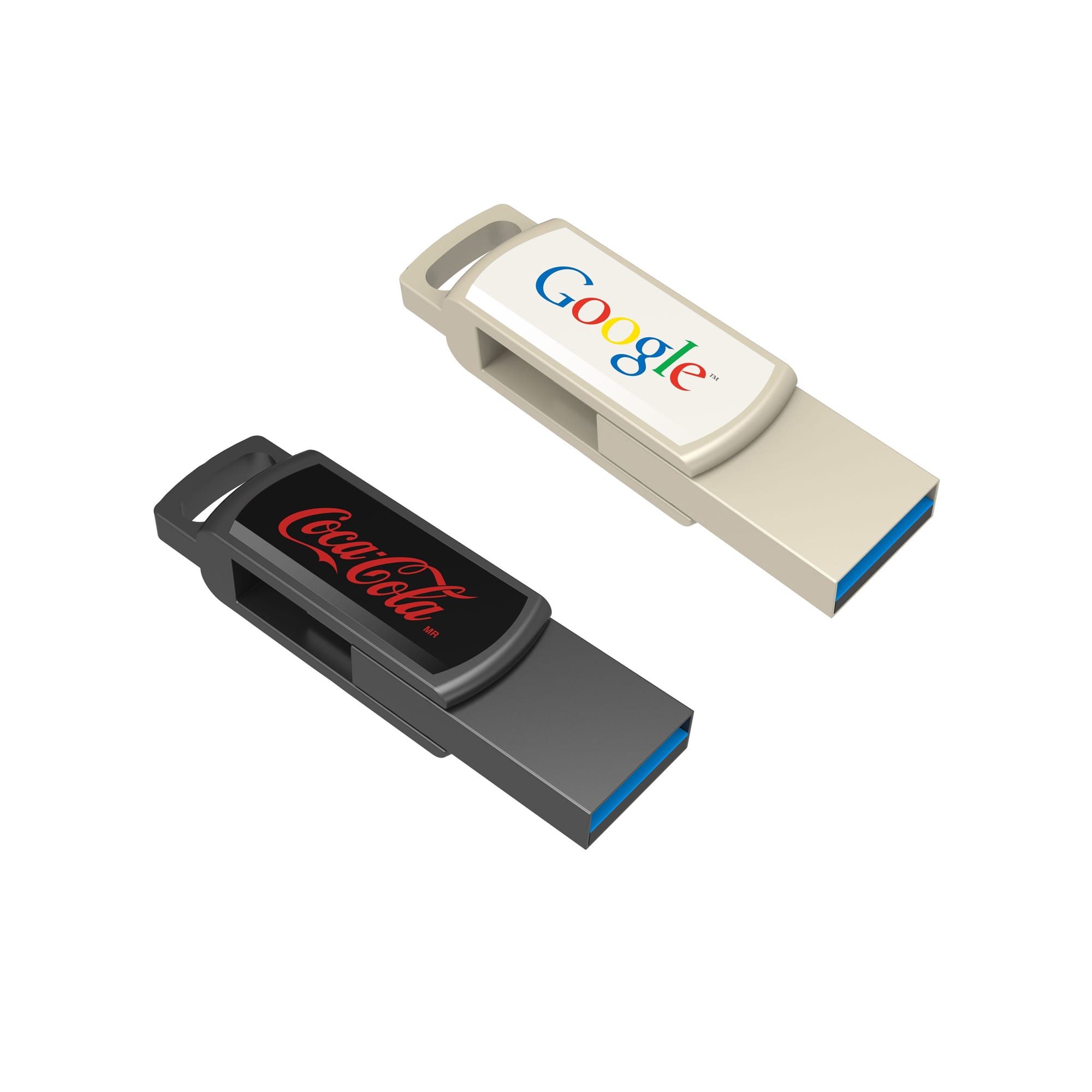 Two promotional flash drives, one in beige with a logo and the other in black with a different logo, featuring blue accents. Epoxy doming OTG - Image 1