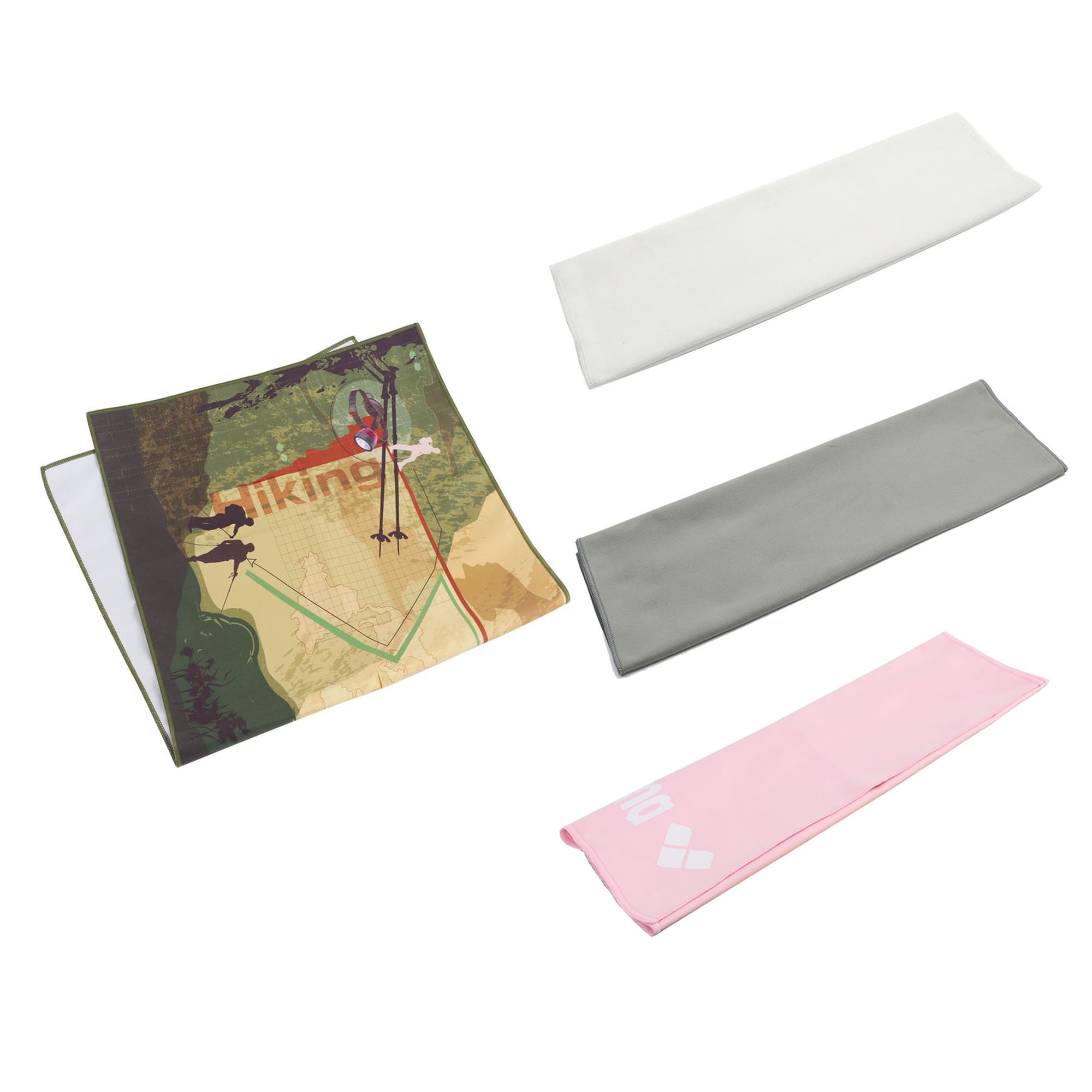 A collection of quick dry towels in white, grey, pink, and a patterned design featuring hiking themes. Each towel has branding. Quick Dry Towel - Image 1
