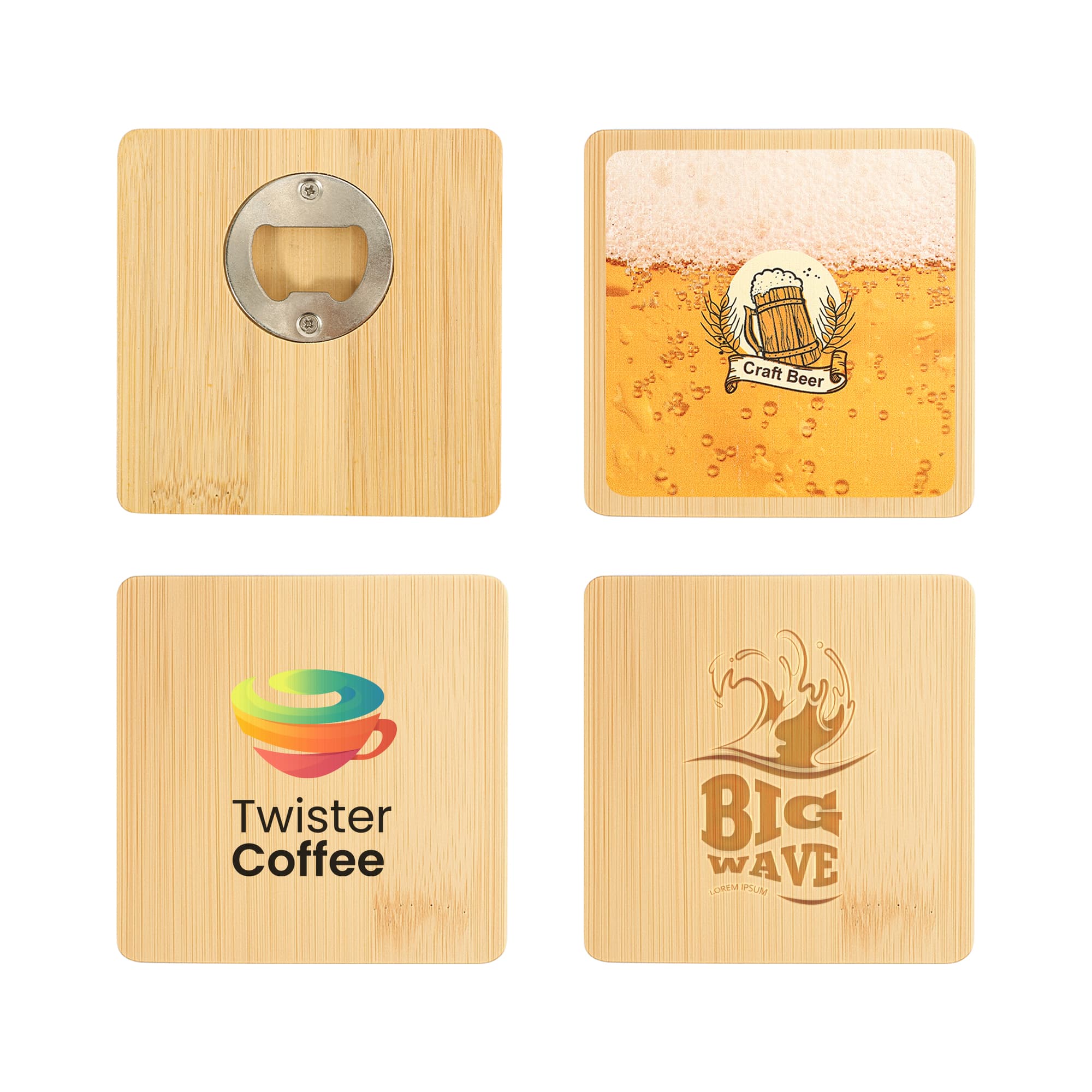 A drink bottle opener coaster made of bamboo, featuring various printed designs and a bottle opener. Square Bamboo Bottle Opener Coaster - Image 1
