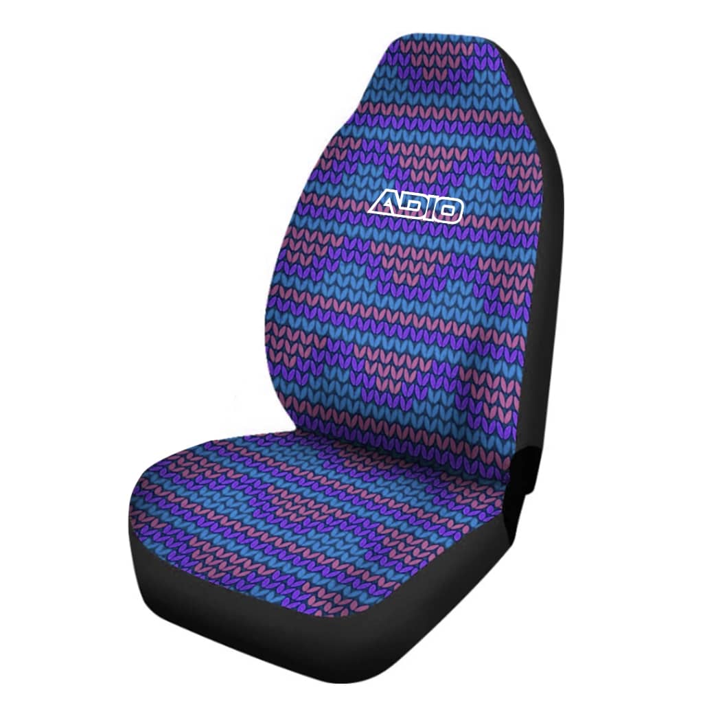 A car seat cover featuring a vibrant pattern of purple and blue zigzags, with black sides and a logo. Full Colour Car Seat Cover - Image 1