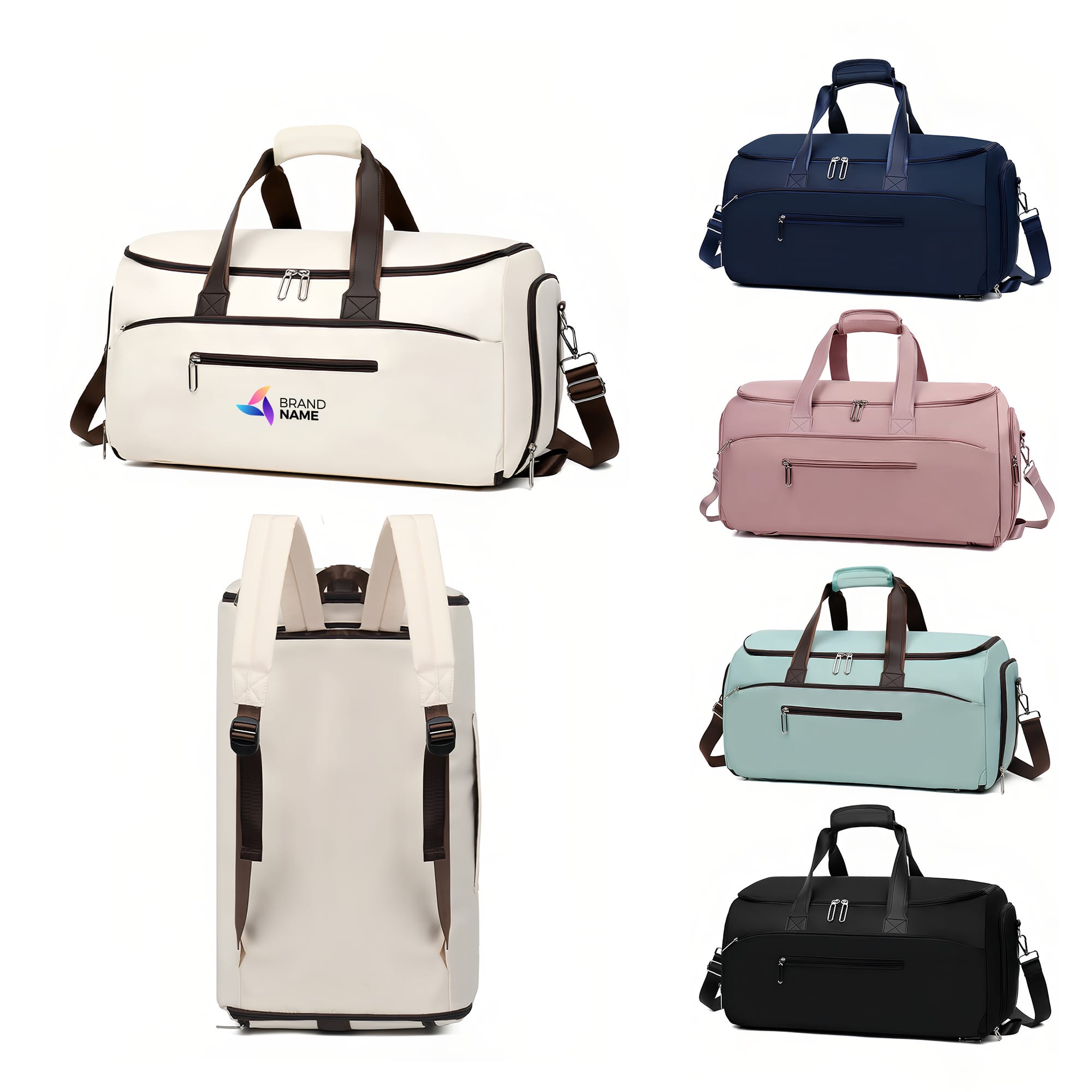 A collection of convertible backpack duffel garment bags in various colours: cream, navy, pink, mint, and black. Each has a logo. Convertible Backpack Duffel Garment Bag - Image 1