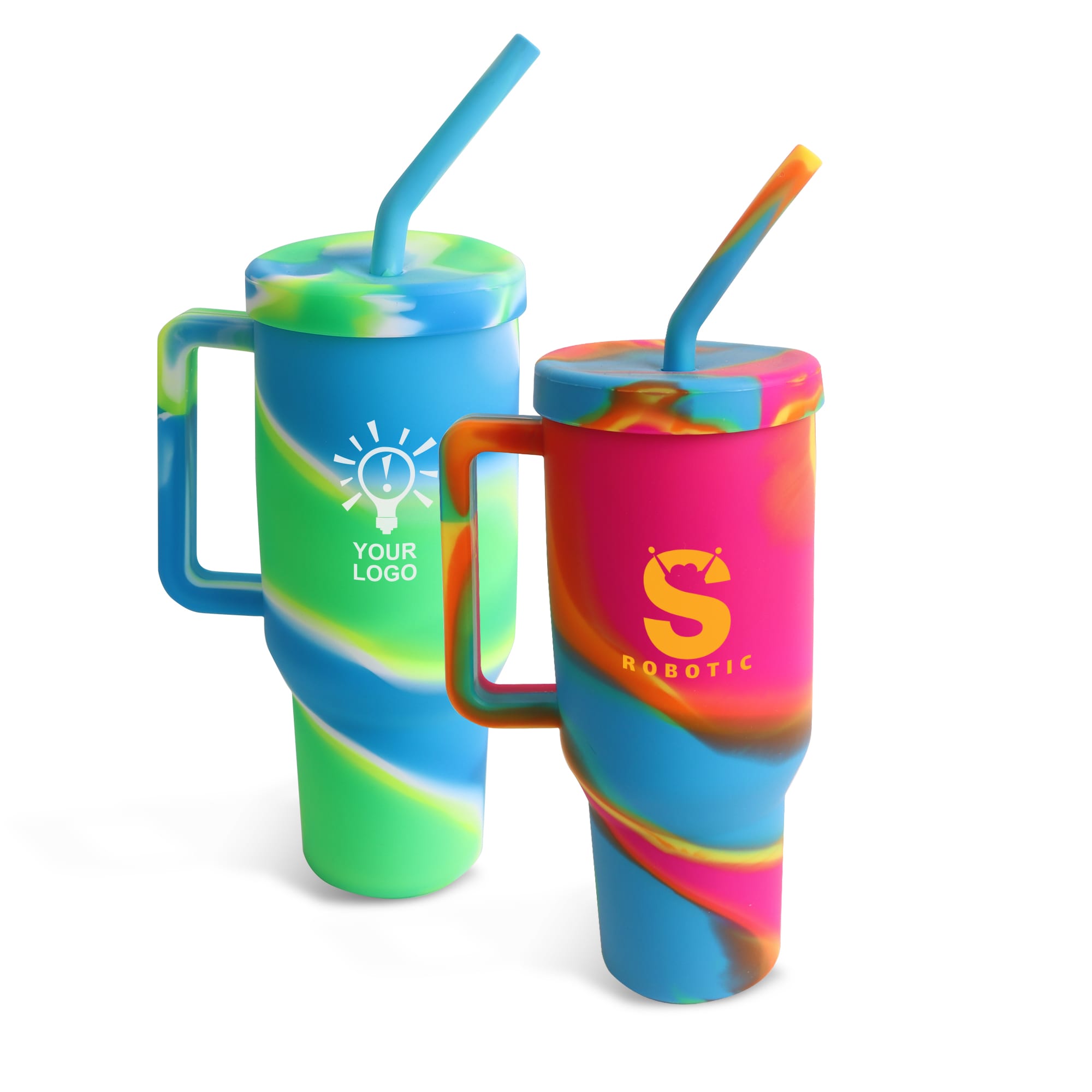 A drink bottle set featuring two 1200ml custom silicone cups in vibrant blue, green, and multicoloured swirls, with handles and straws. 1200ml Custom Silicone Cup with Handle - Image 1