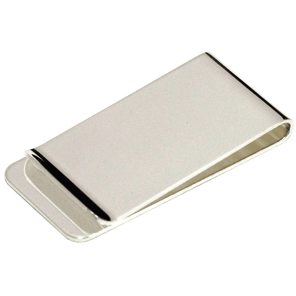 A silver metal money clip with a sleek, polished finish. It features a minimalistic design and branding. Metal Money Clip - Image 1