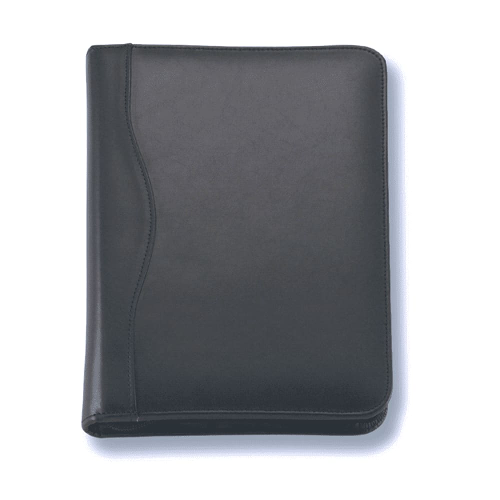 A black leather compendium with a smooth finish, featuring a subtle curved design on the cover. The Executive Compact A5 Leather Compendium - Image 1