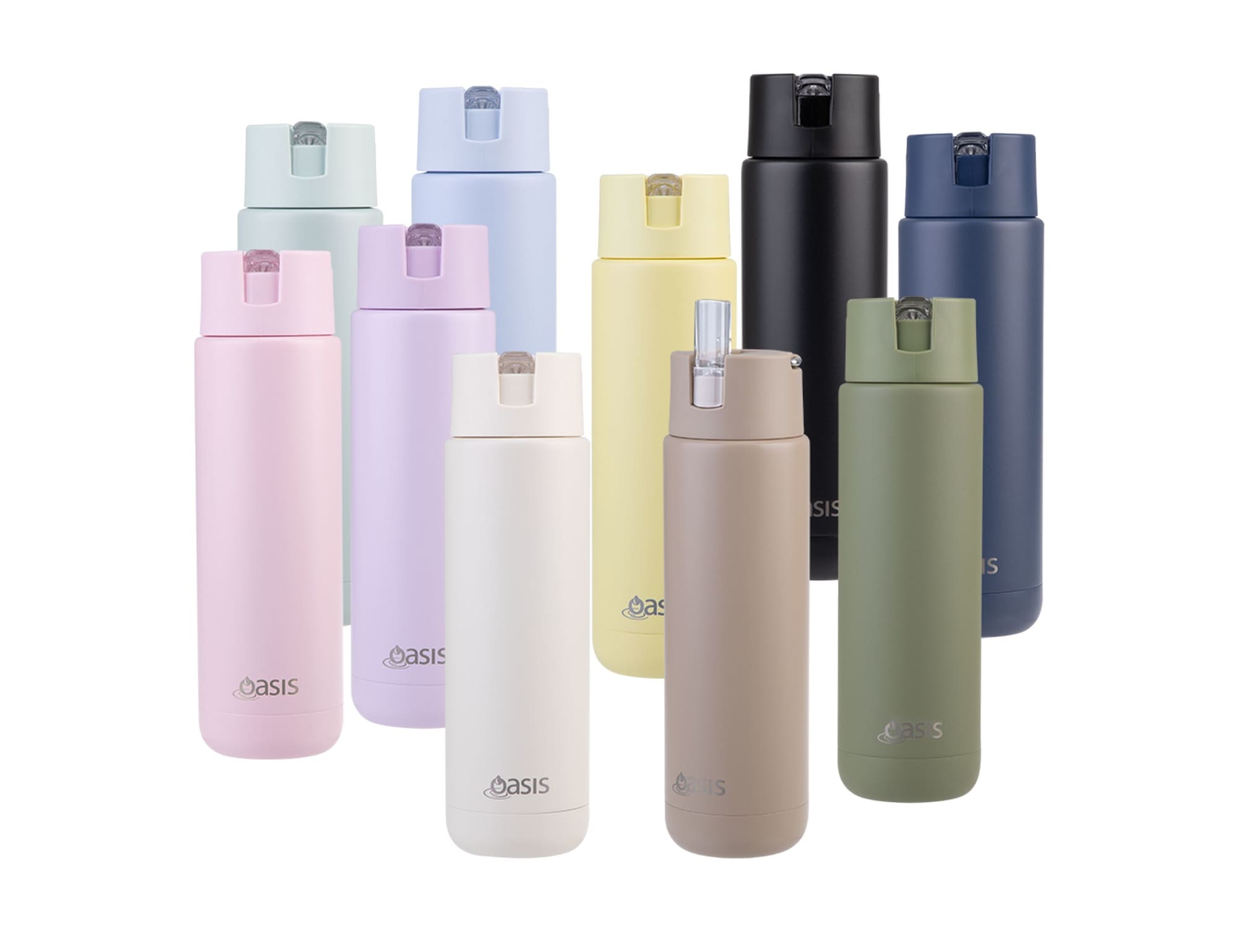 A drink bottle collection featuring various colours, including pink, purple, yellow, black, beige, and green. Each has a logo. Oasis Moda 700ml Vacuum Bottle - Image 1