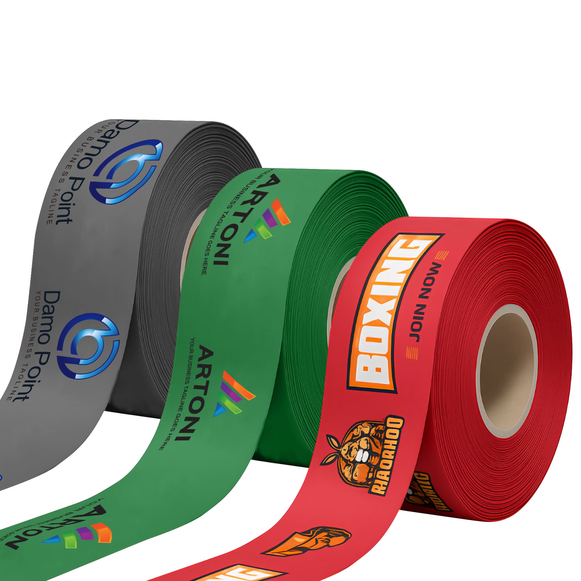 Three rolls of ribbon in grey, green, and red, featuring various logos and designs. 100mm Grand Opening Ribbon - Image 1