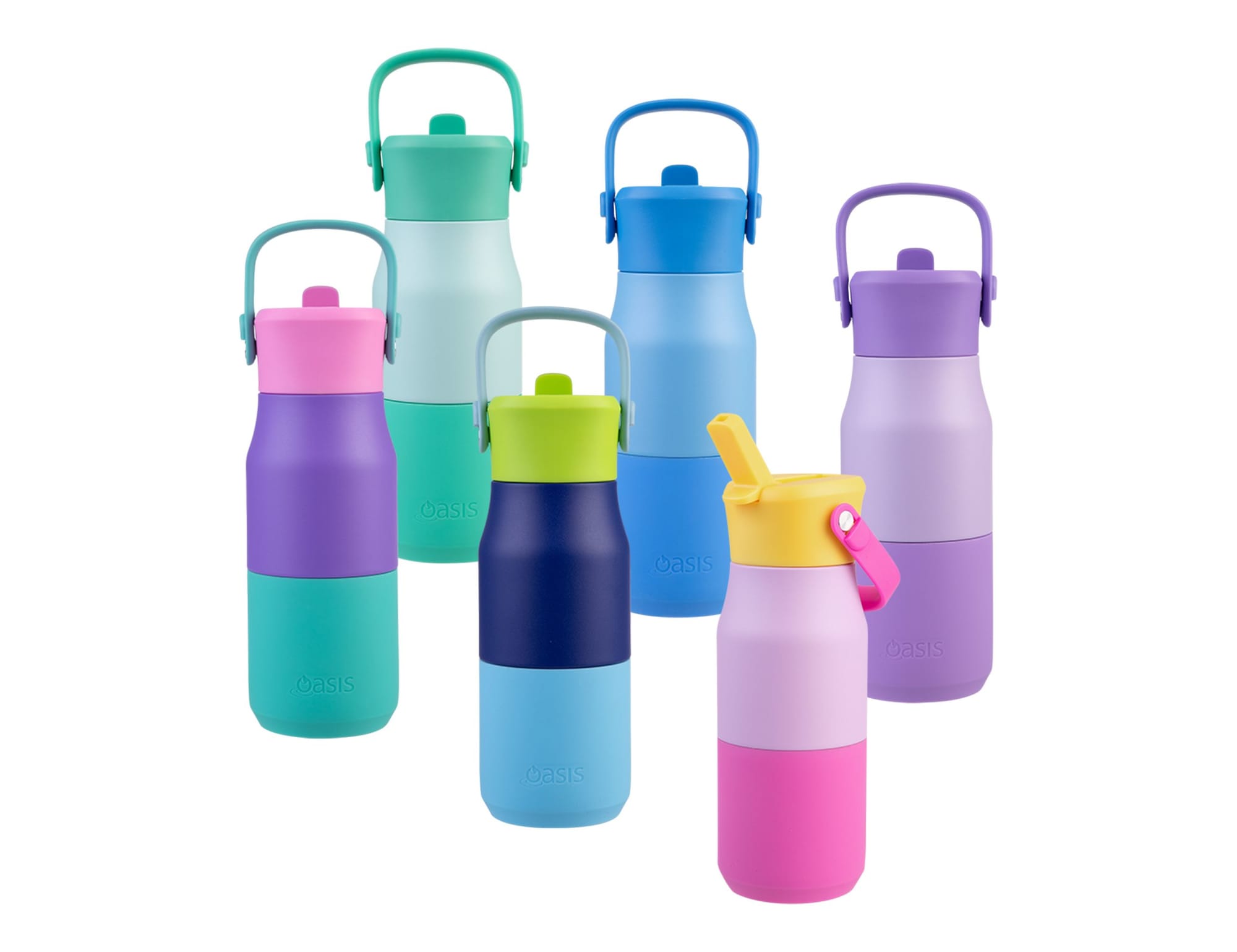 A drink bottle collection featuring various colours: purple, green, blue, and pink, with different shapes and designs. Oasis 400ml Insulated "JNR" Sipper Bottle - Image 1