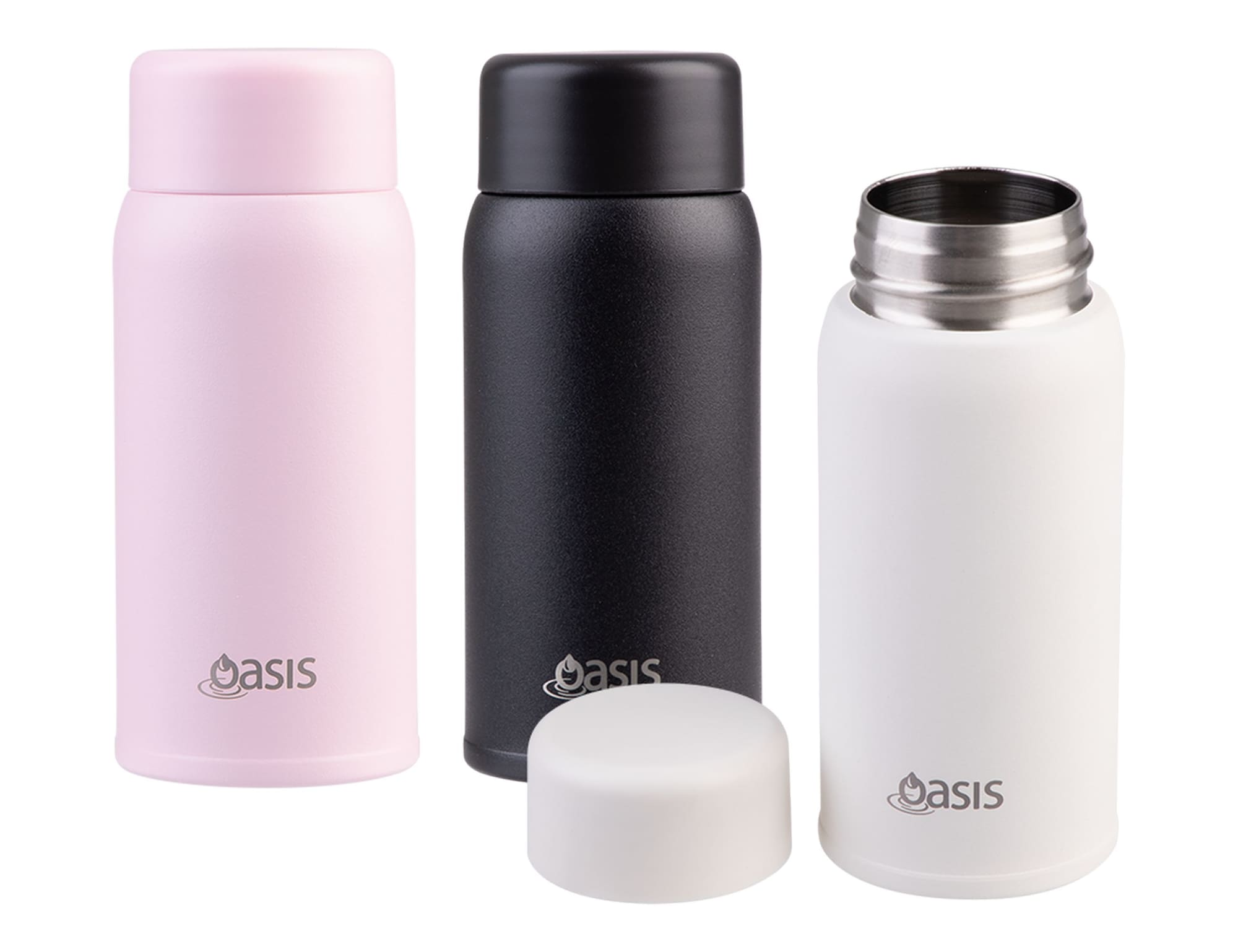 A drink bottle set featuring insulated mini bottles in pink, black, and white, each with a silver stainless steel interior and a logo. Oasis 150ml Insulated "Mini Mini" Drink Bottle - Image 1