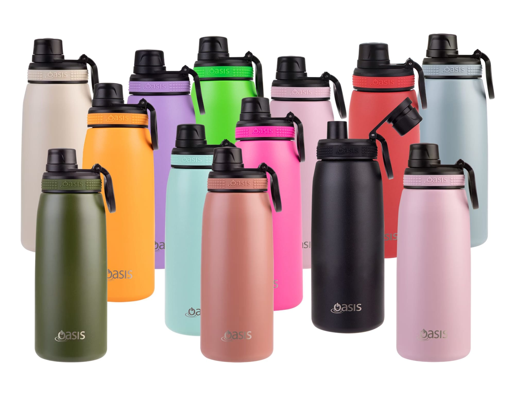 A drink bottle collection in various colours, featuring the Oasis 780ml vacuum sports screw cap design, with logos. Oasis 780ml Vacuum Sports Screw Cap Bottle - Image 1