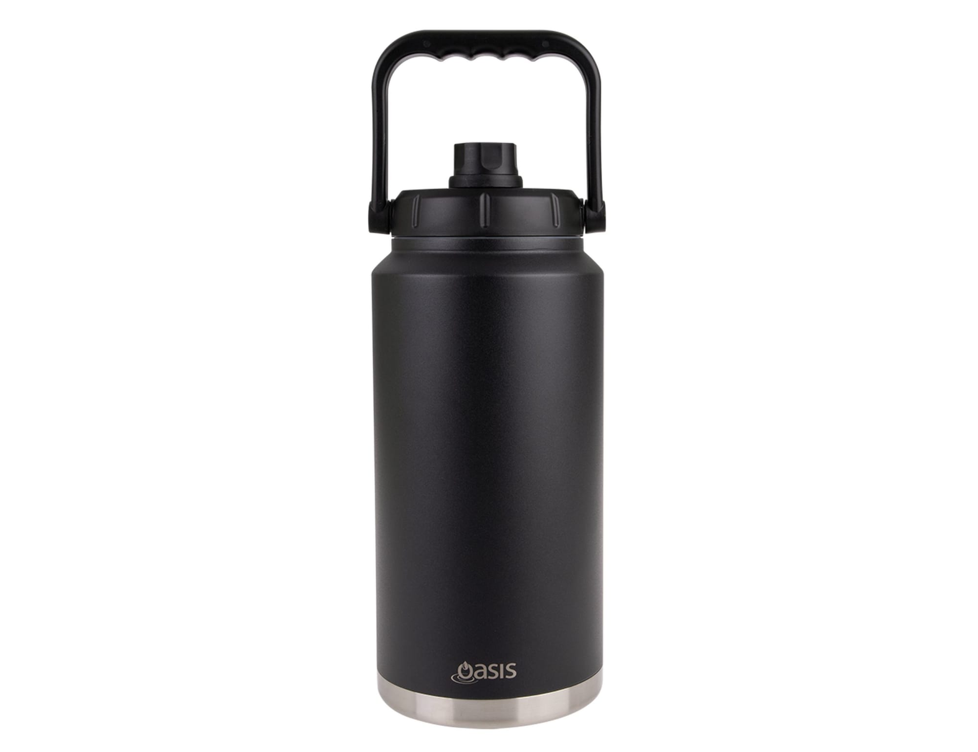 A drink bottle with a black exterior and stainless steel base, featuring a carry handle and a black lid. Oasis 3.8L Vacuum Carry Handle Jug - Image 1