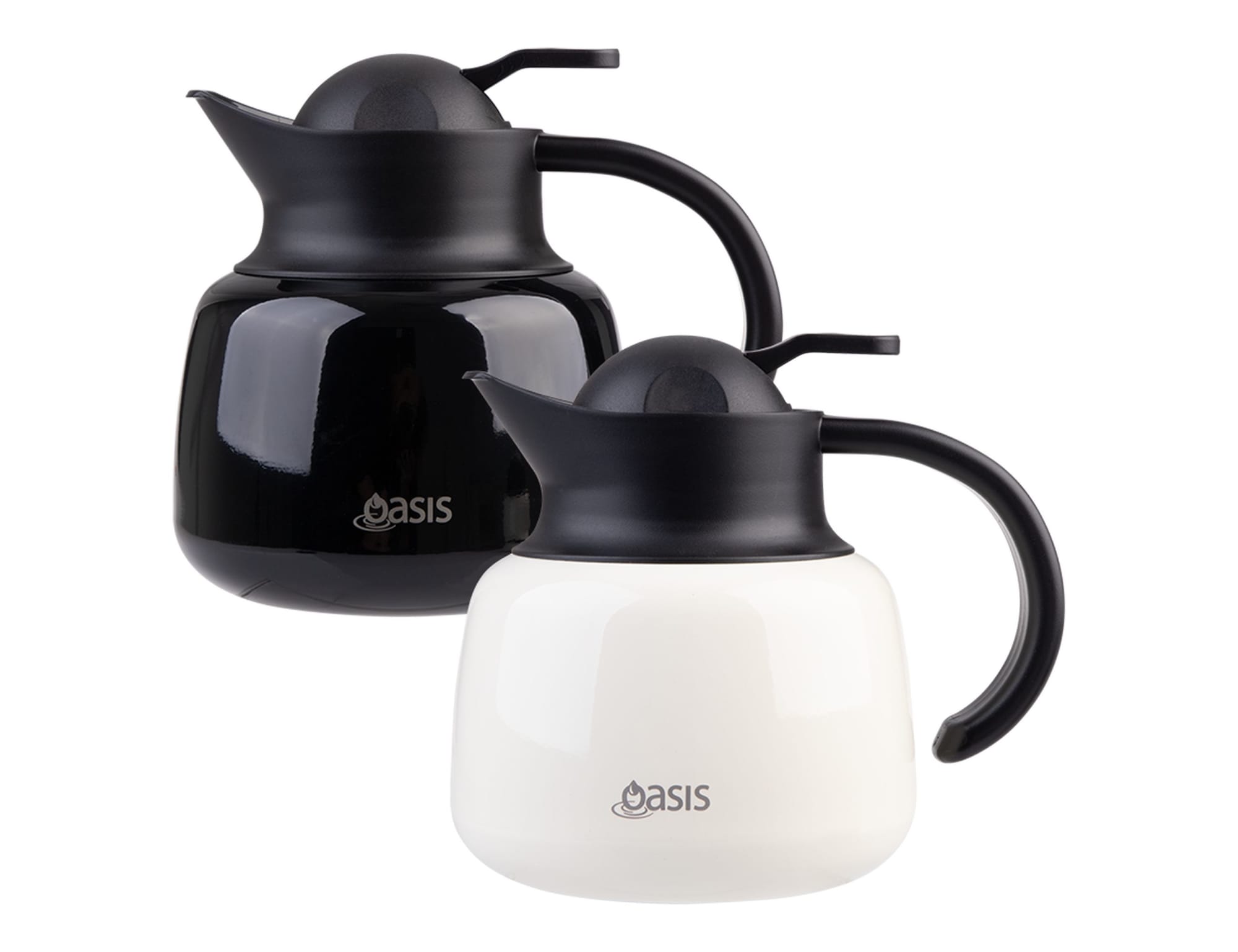 A drink bottle set featuring a black and a white insulated teapot with strainers, both with a handle and logo. Oasis 750ml Insulated Teapot with Strainer - Image 1