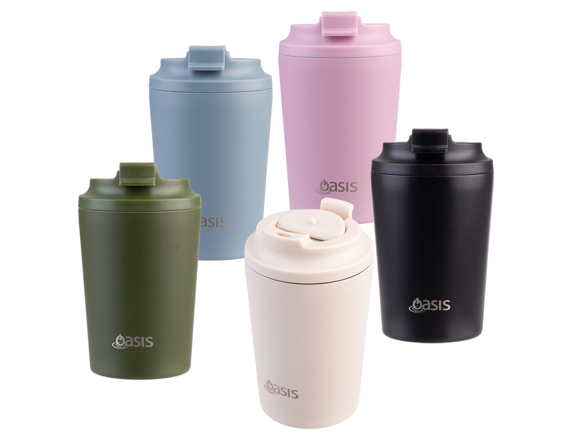 A collection of five insulated coffee cups in various colours: pink, blue, green, black, and cream, featuring a logo. Oasis Ceramic Lined 235ml Insulated Coffee Cup - Image 1