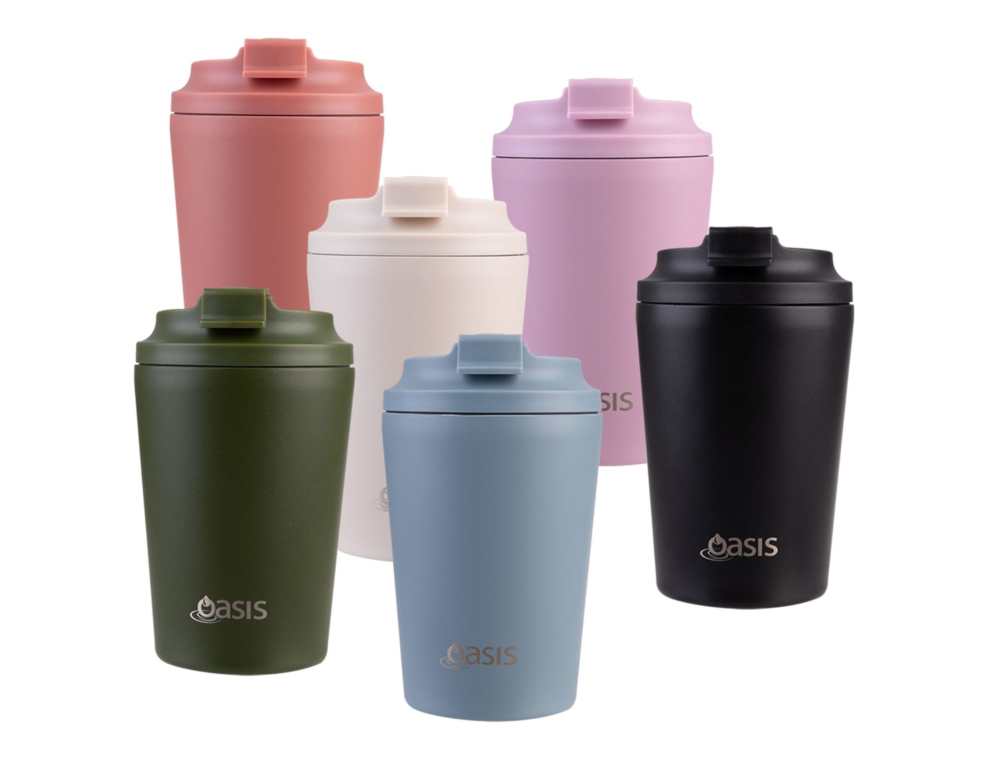A drink bottle collection featuring six insulated coffee cups in pink, black, white, blue, green, and terracotta, each with a lid and branding. Oasis Ceramic Lined 360ml Insulated Coffee Cup - Image 1