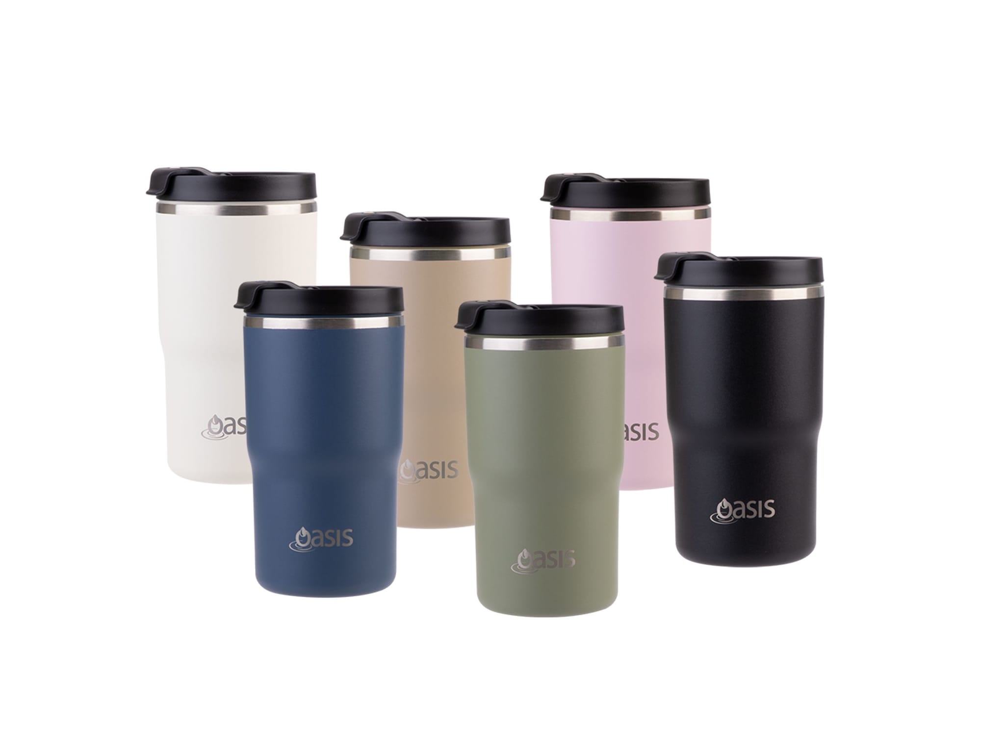 A drink bottle collection featuring six Oasis 480ml vacuum travel mugs in cream, beige, navy, olive, pink, and black. Oasis Ceramic Lined 480ml Vacuum Travel Mug - Image 1