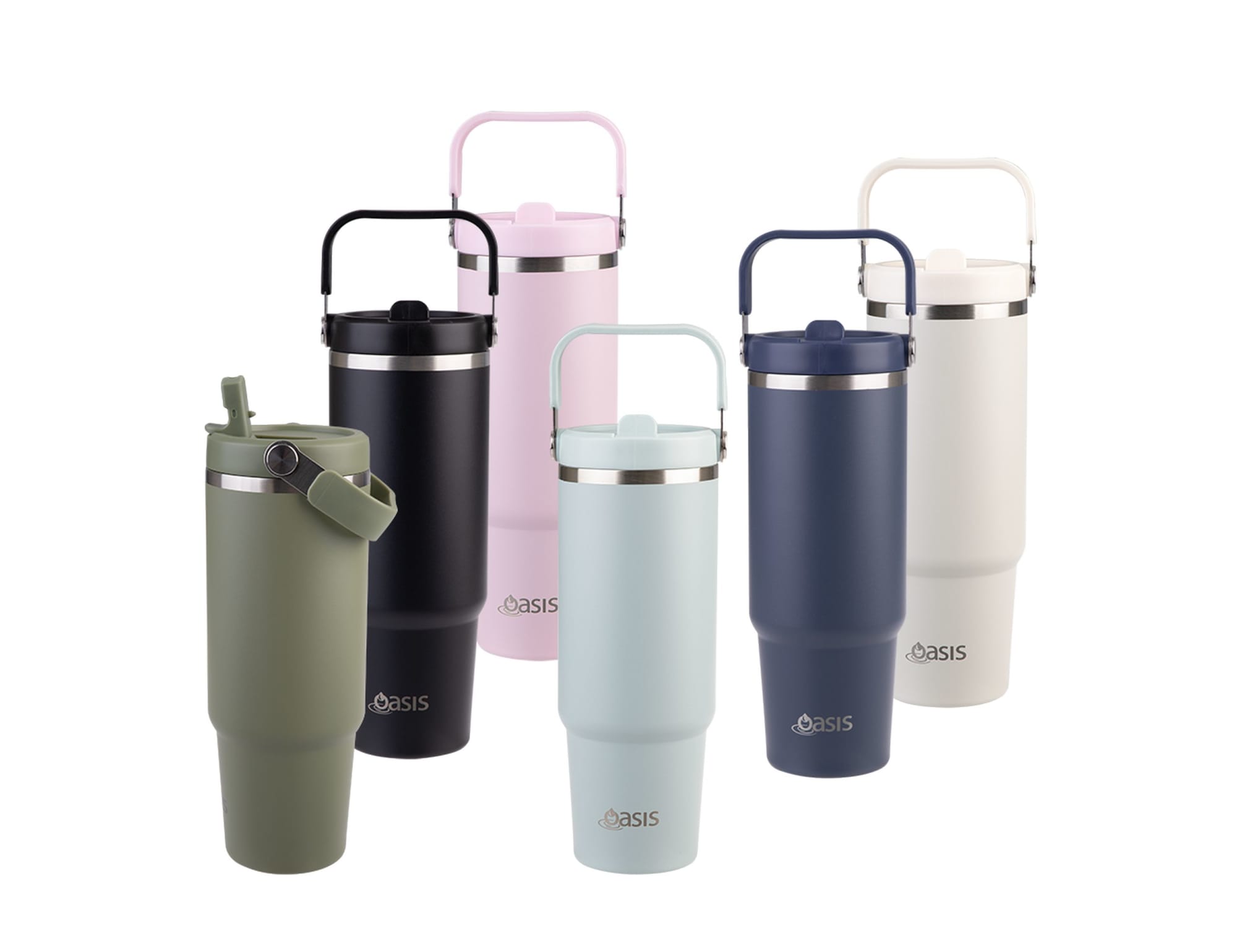 A drink bottle collection featuring six vacuum carry tumblers in green, pink, navy, white, and light blue, with a logo. Oasis Voyager 900ml Vacuum Carry Tumbler - Image 1