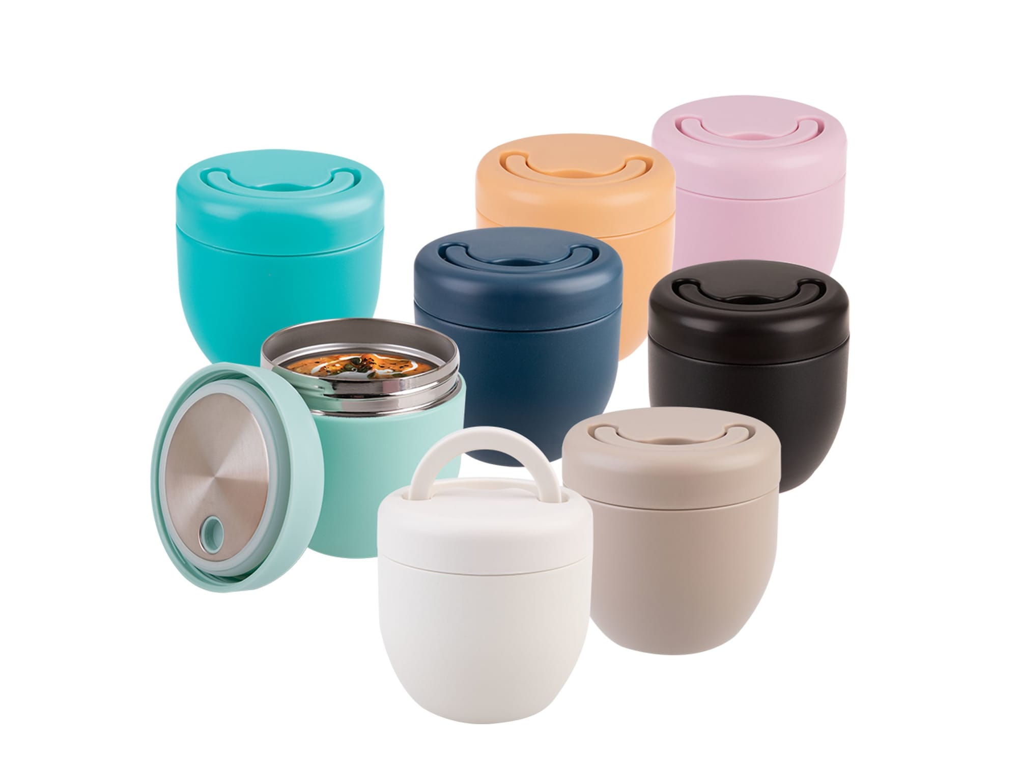 A drink bottle assortment featuring various colours, including teal, navy, pastel pink, peach, black, and white, with a stainless steel interior. Oasis 470ml Vacuum Food Pod - Image 1