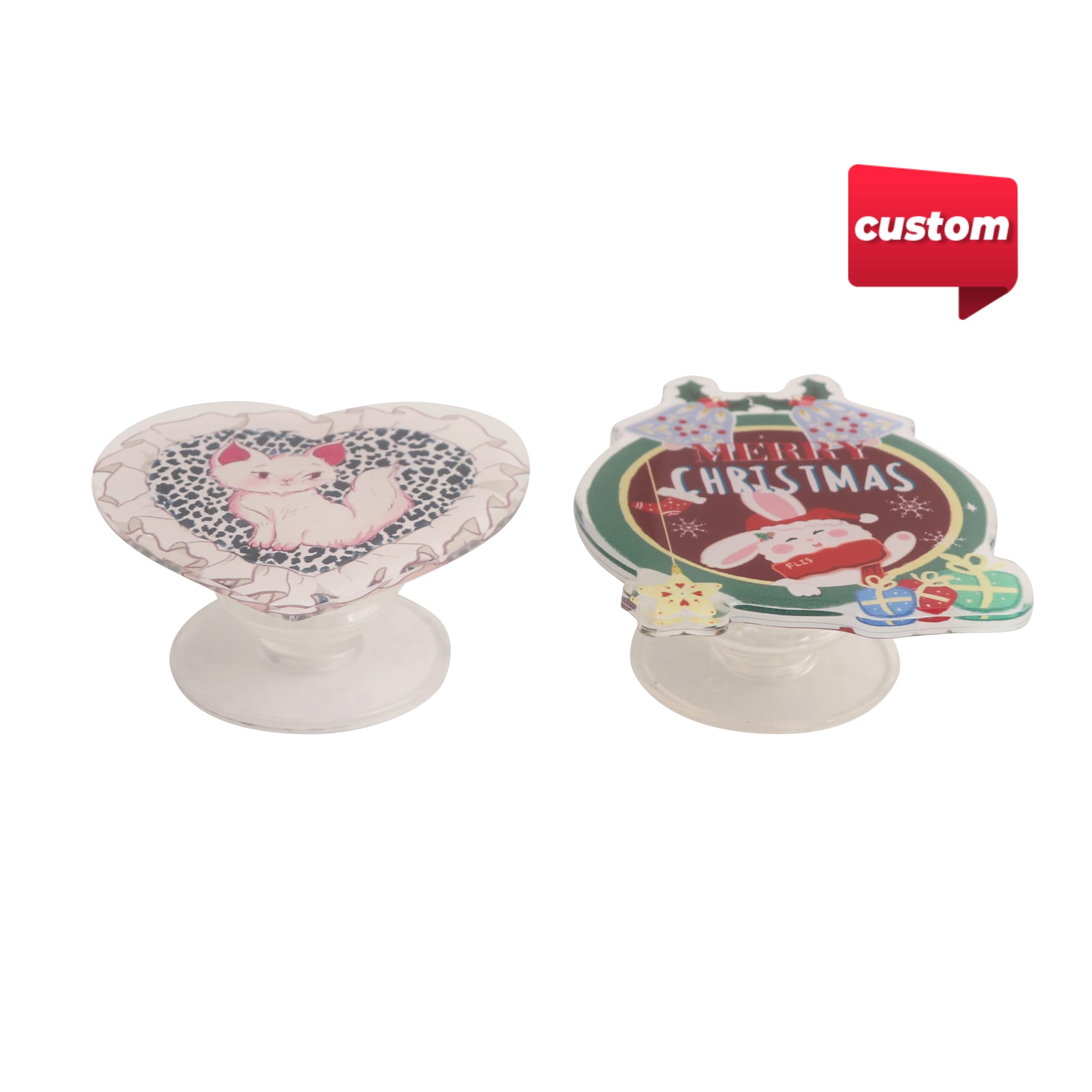 Custom shaped acrylic phone pop holders in heart and ornament designs, featuring a colourful Christmas theme. Custom Shaped Acrylic Phone Pop Holder - Image 1
