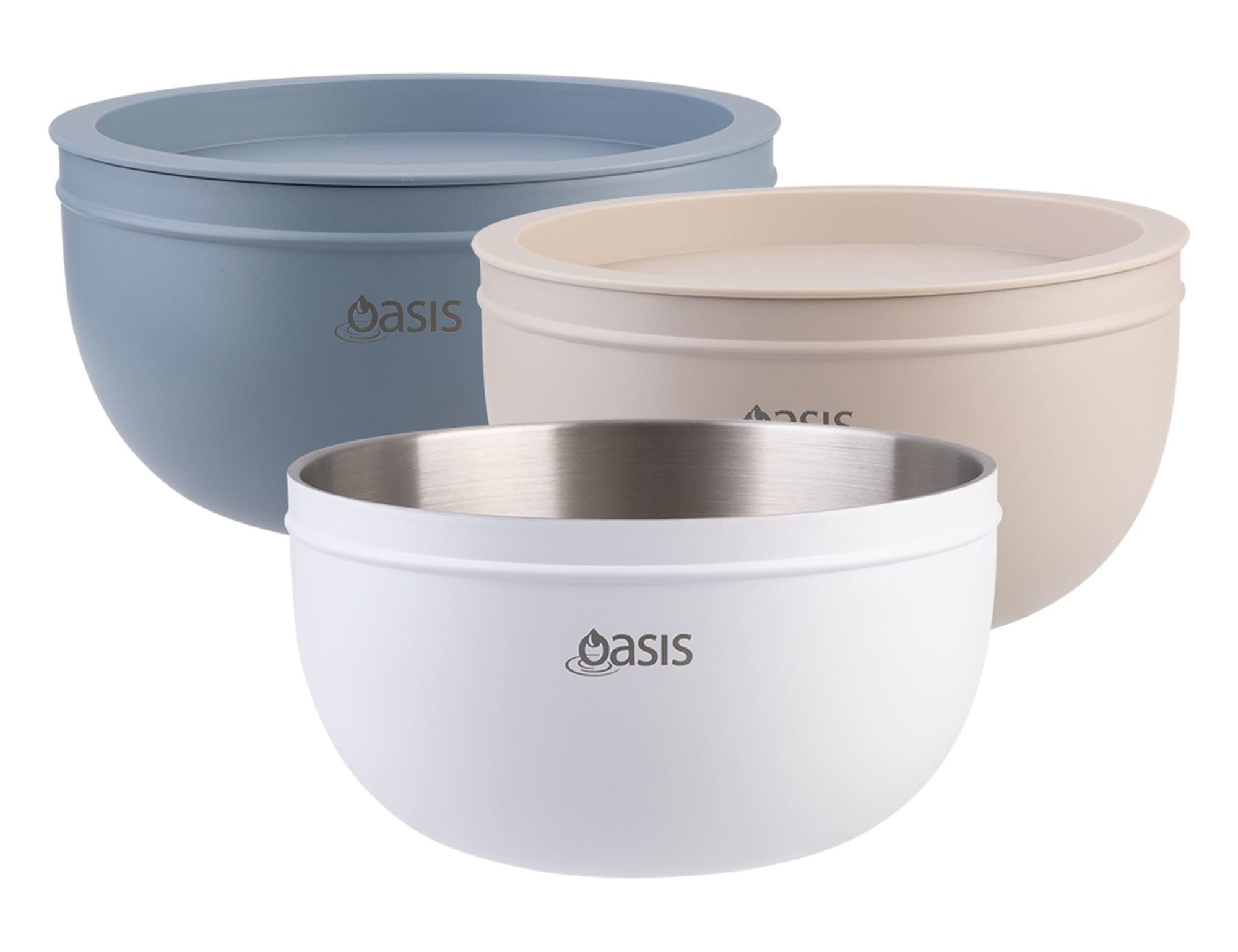 Three salad bowls in blue, beige, and white, featuring double-wall design and logo branding. Oasis 2.8L Double Wall Salad Bowl - Image 1