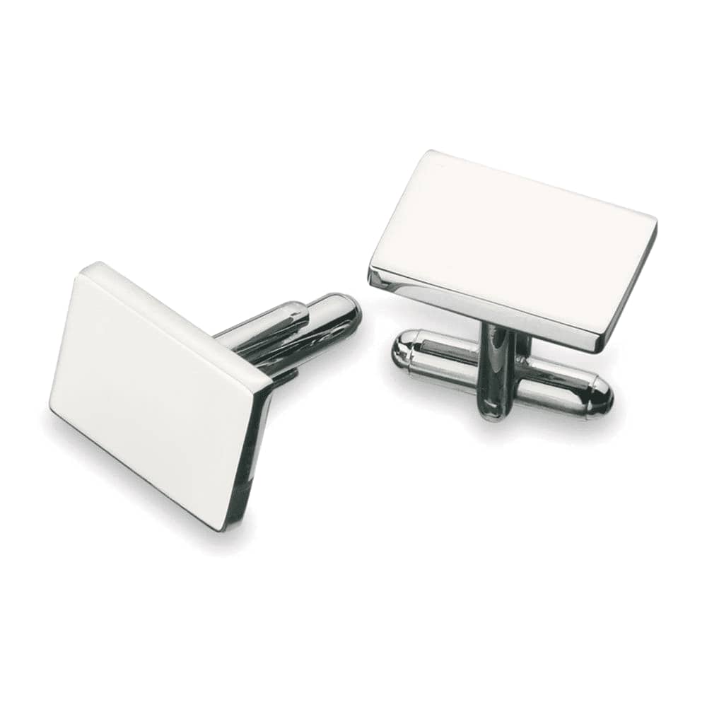 A pair of plain rectangular cufflinks in silver with a white finish. They feature a logo on one side. Plain Cufflinks - Image 1