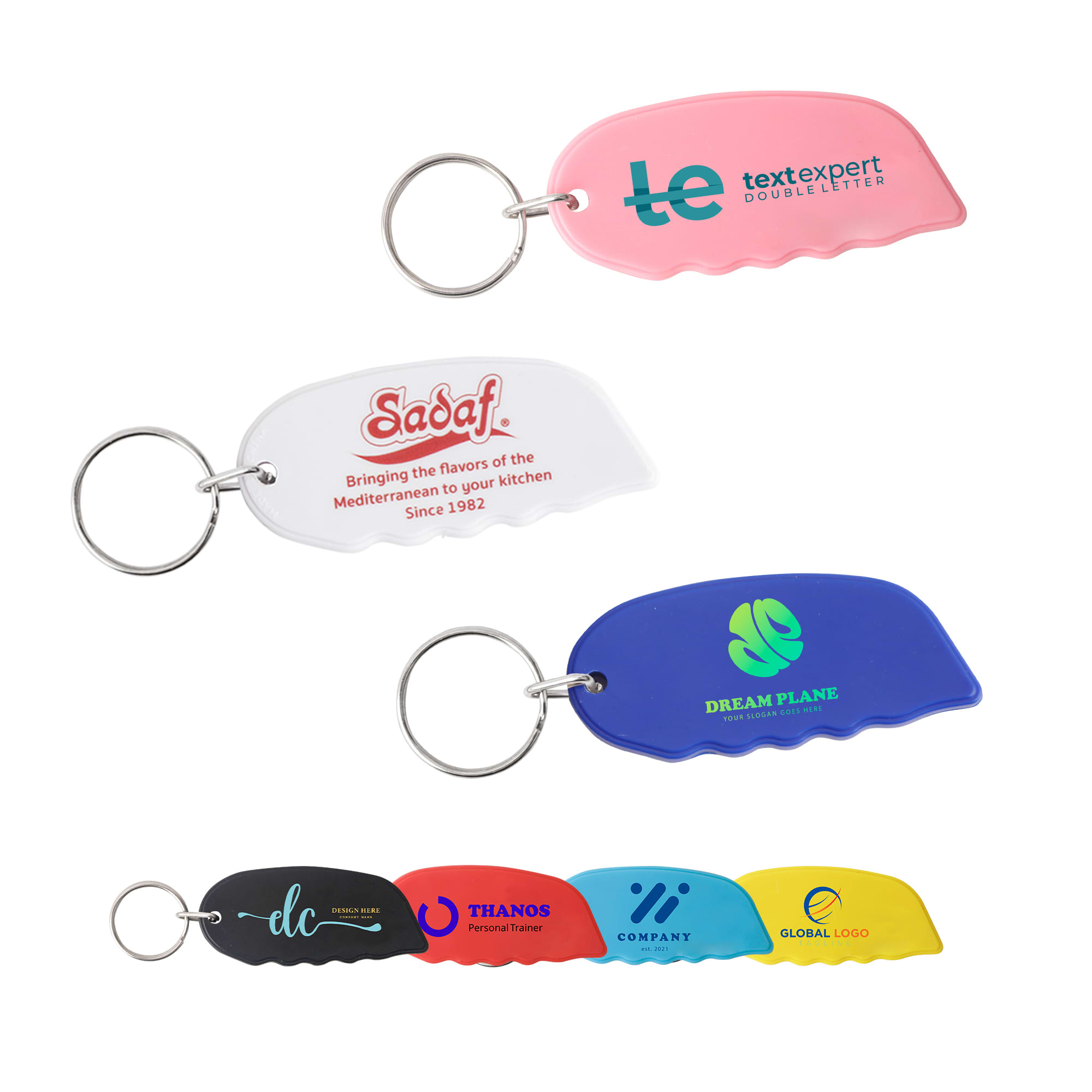 A selection of Mini Cutter Keyrings in pink, white, blue, and black, each with a keyring attachment and a logo. Mini Cutter Keyring - Image 1