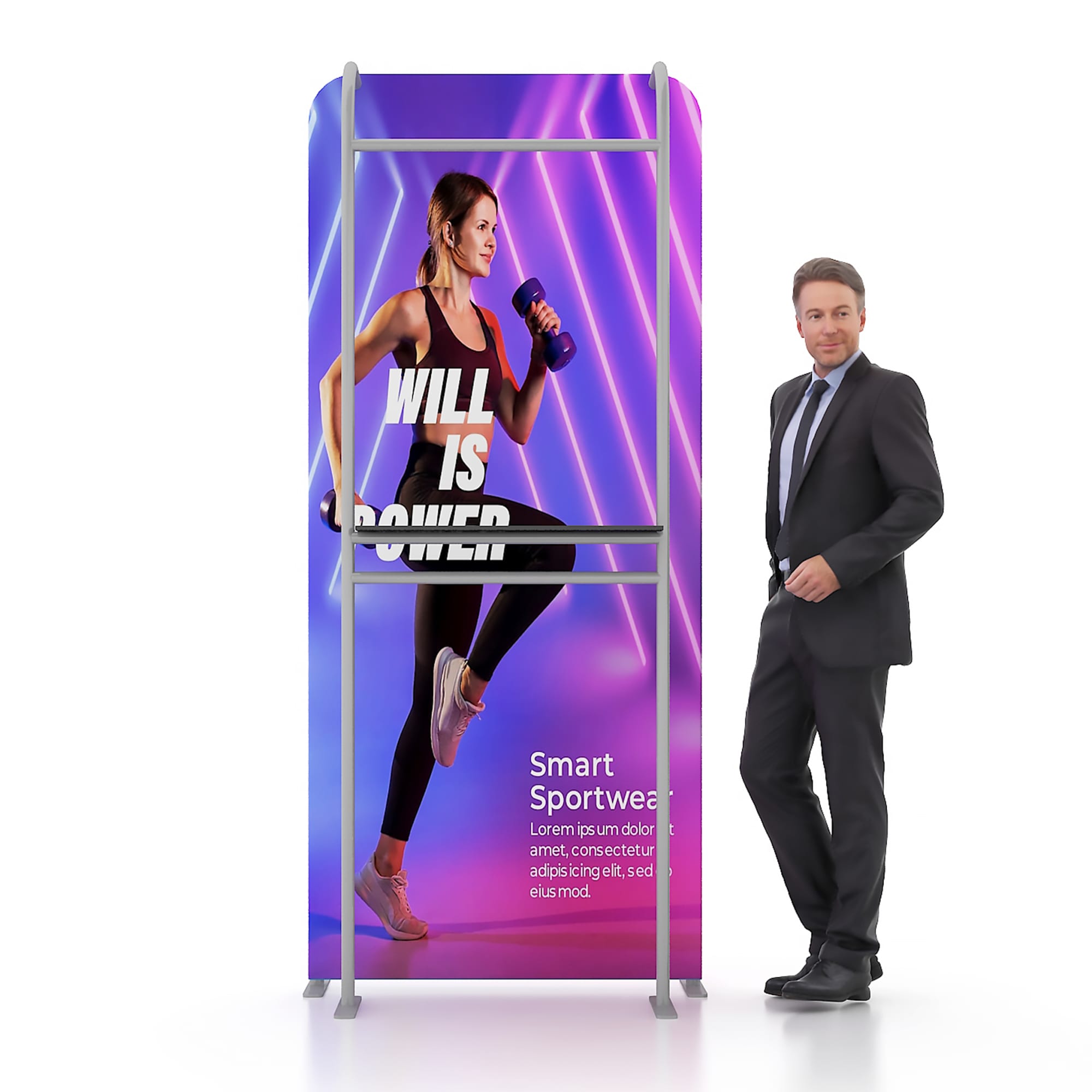 A promotional banner stand featuring a model in athletic wear, with a vibrant purple background and a logo at the top. Banner Stand Merchandise Display - Image 1