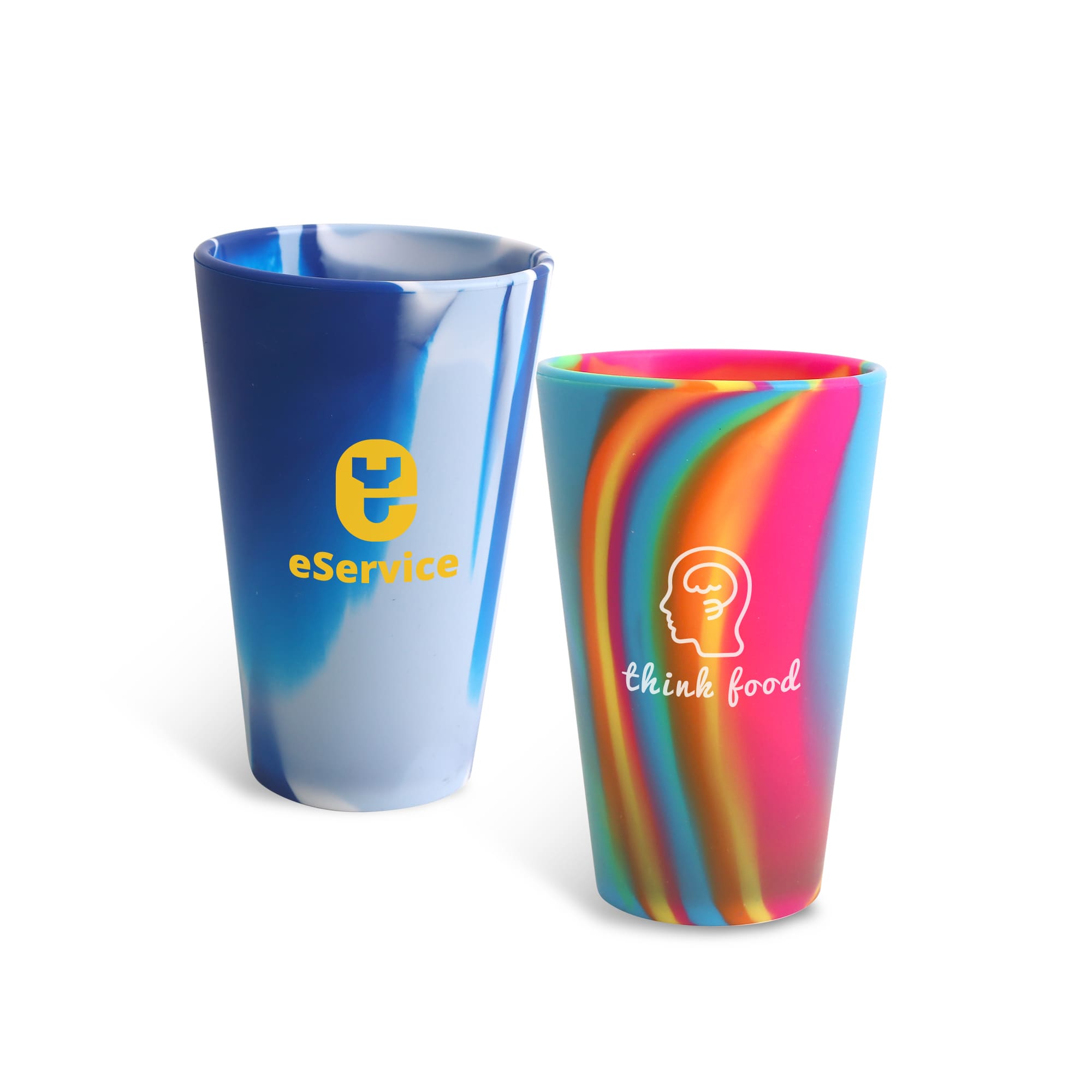Two custom silicone cups, one blue and white, the other multicoloured with designs and logos. Custom Silicone Cup - Image 1