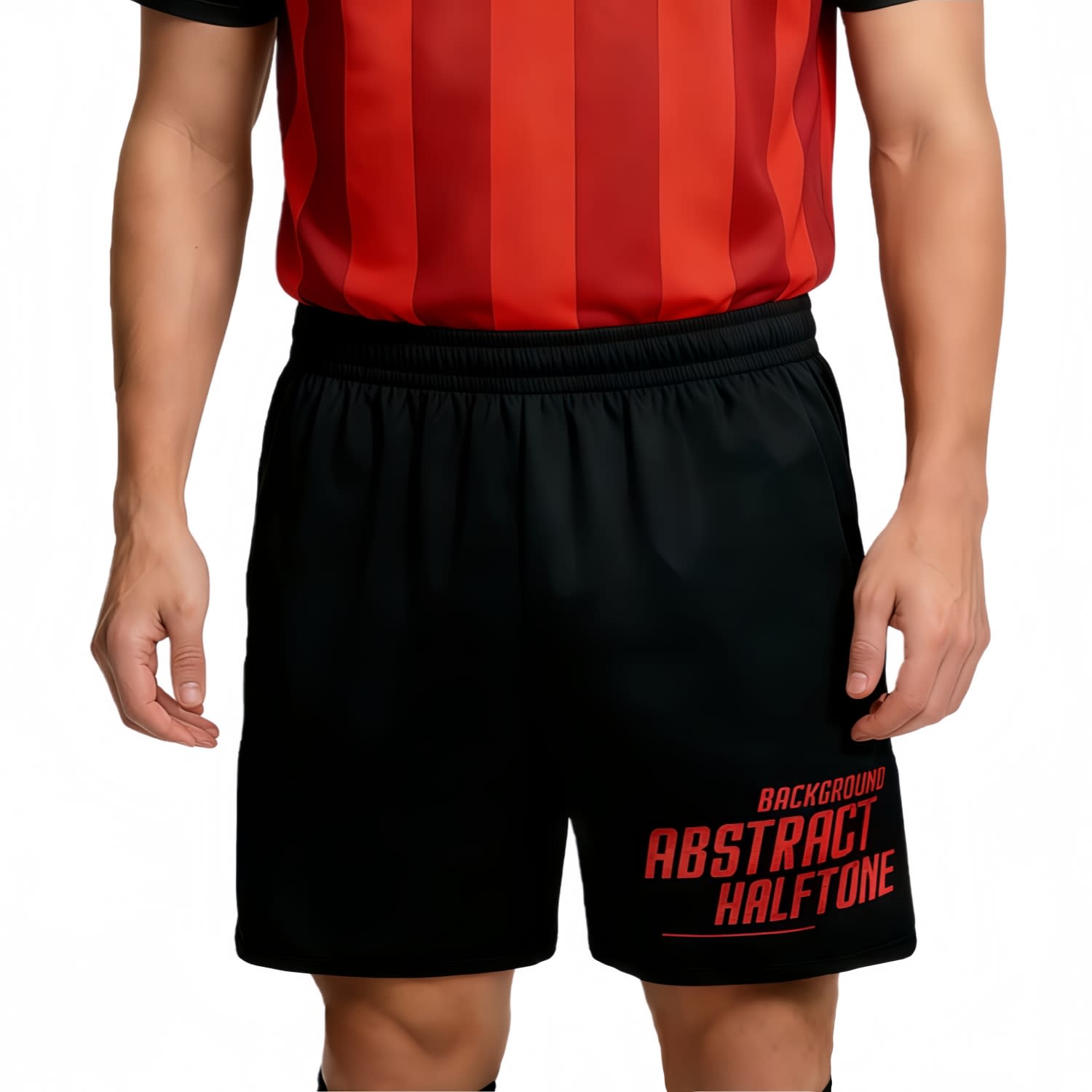 Unisex adults' running shorts in black with a red logo and an elastic waistband, paired with a red and black striped top. Unisex Adults 100% Polyester Sublimated Running Shorts - Image 1