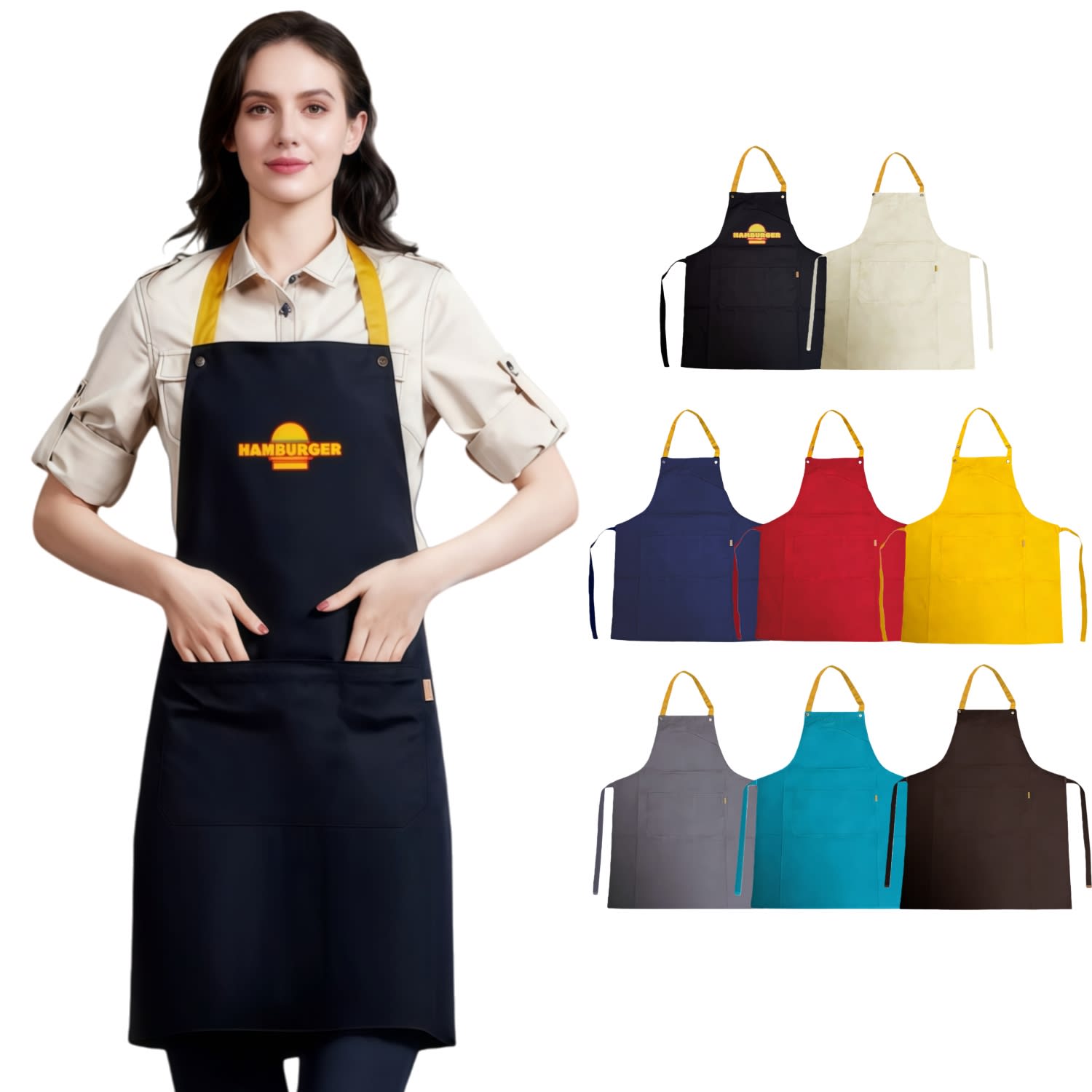 A full bib apron displayed in navy, cream, navy blue, red, yellow, and teal, featuring a logo. Poly-Cotton Canvas Full Bib Apron With Colour Neck Strap - Image 1