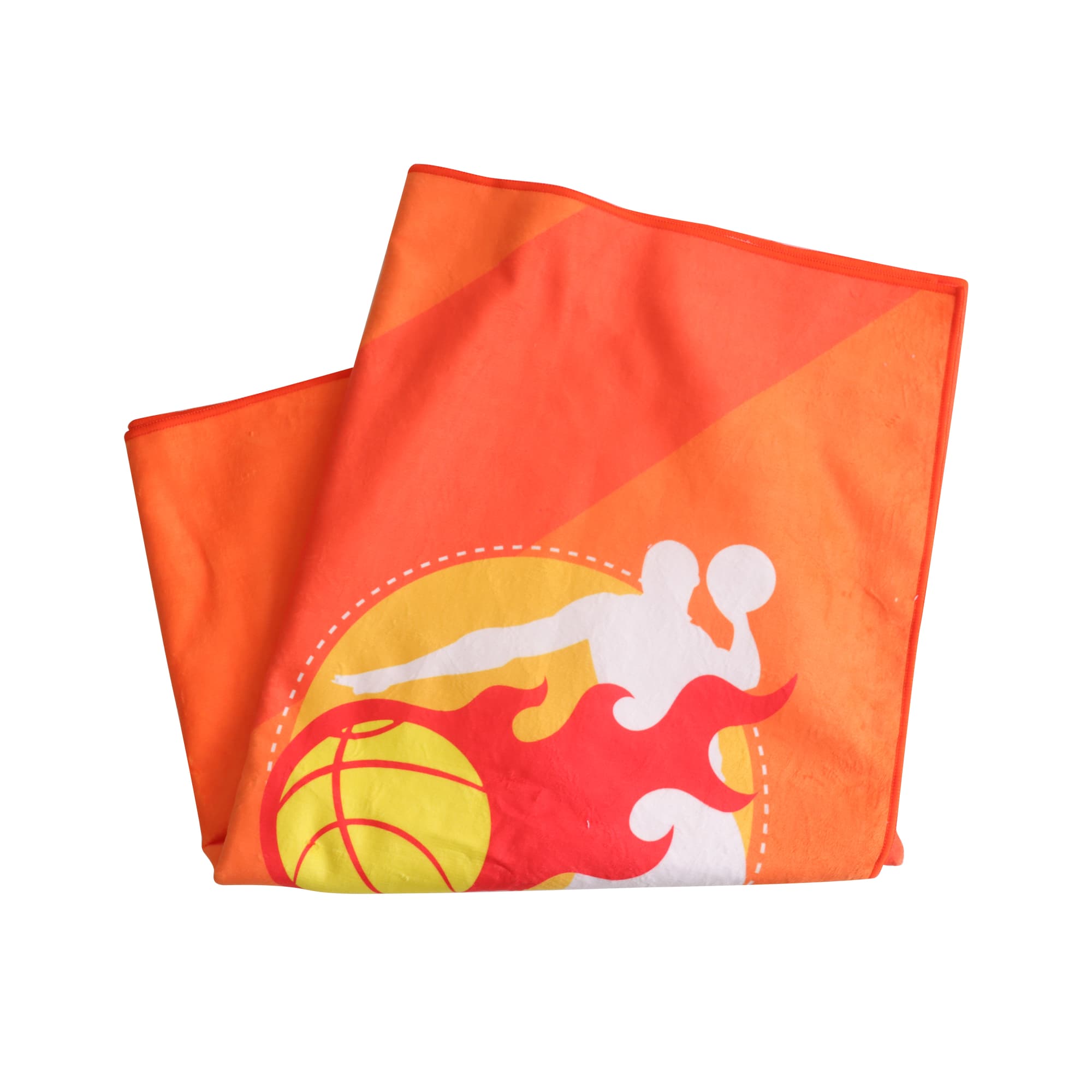 An orange sports towel featuring a basketball and player graphic, folded neatly with a logo. Colour Sports Towel (75x160cm) - Image 1