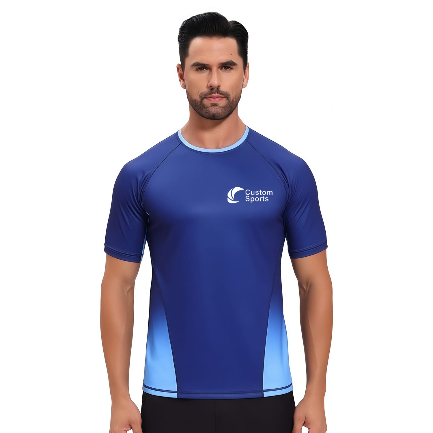A crew neck T-shirt in navy and light blue, featuring a logo on the front and a fitted design. 100% Polyester Micro Mesh Sublimated Crew Neck Raglan Tee Shirt - Image 1