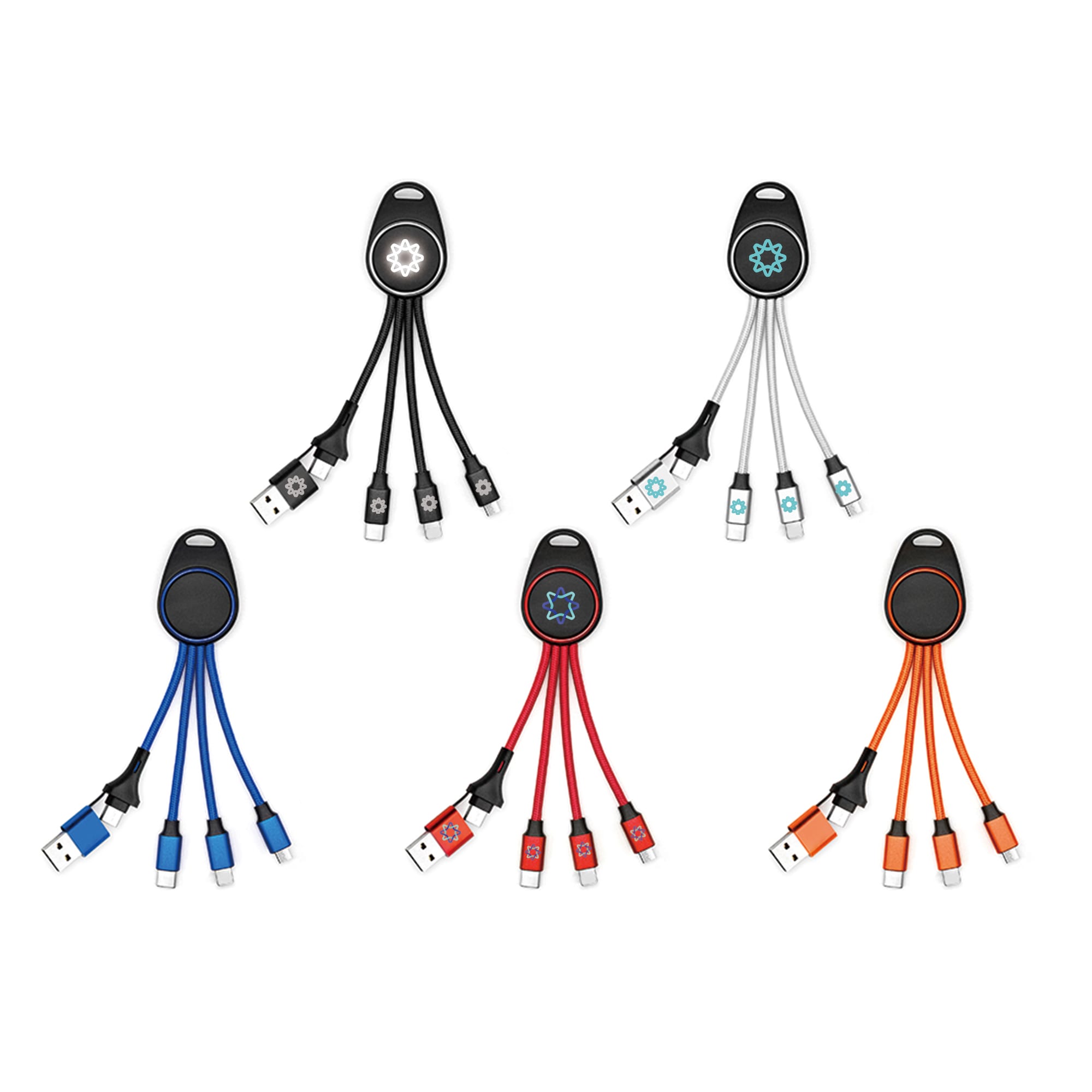 A set of five 6-in-1 light-up charging cables in black, grey, blue, and orange, featuring a logo. 6-in-1 Light Up Charging Cable - Image 1