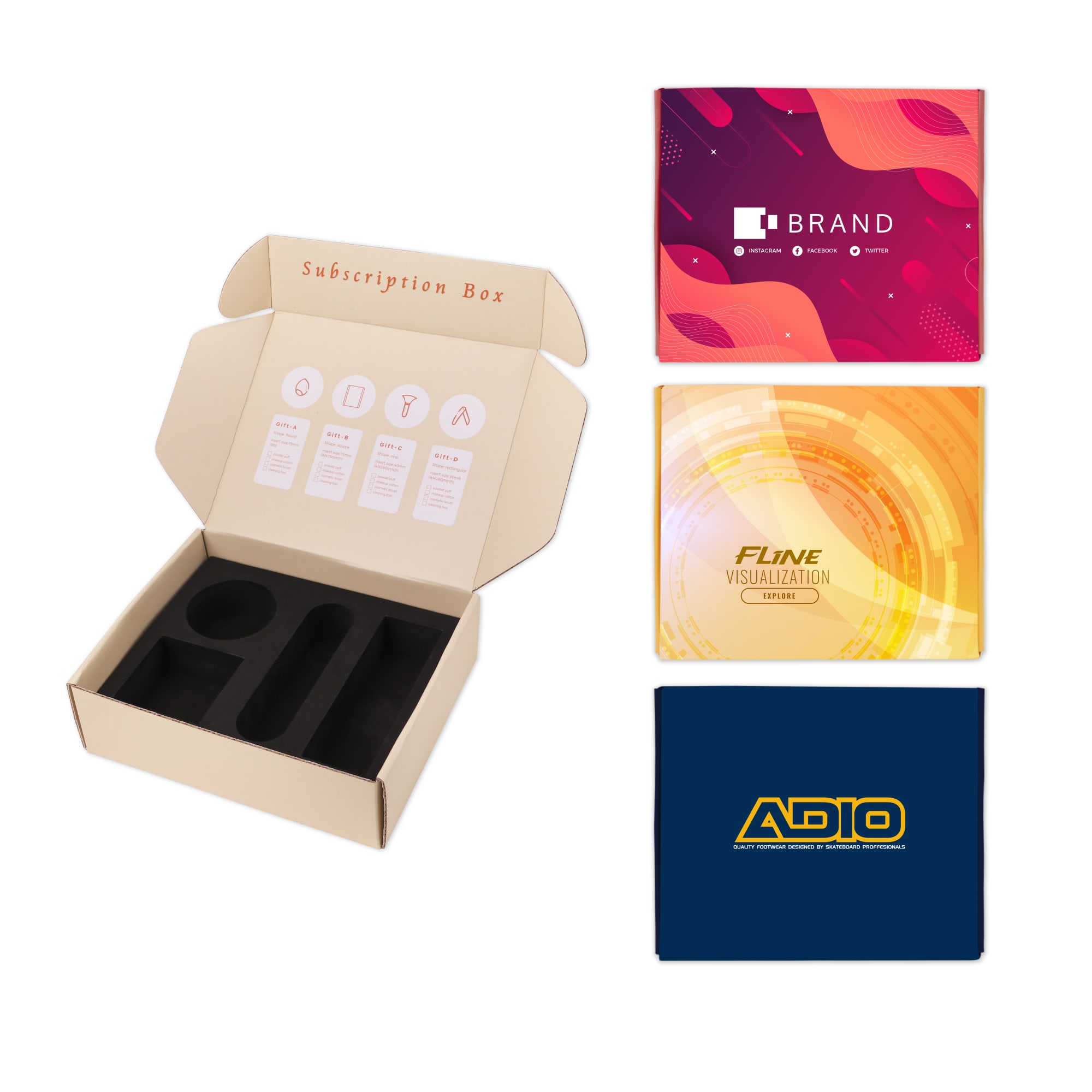 A subscription box packaging in beige with black inserts, accompanied by three colourful printed cards. Subscription Box - Image 1