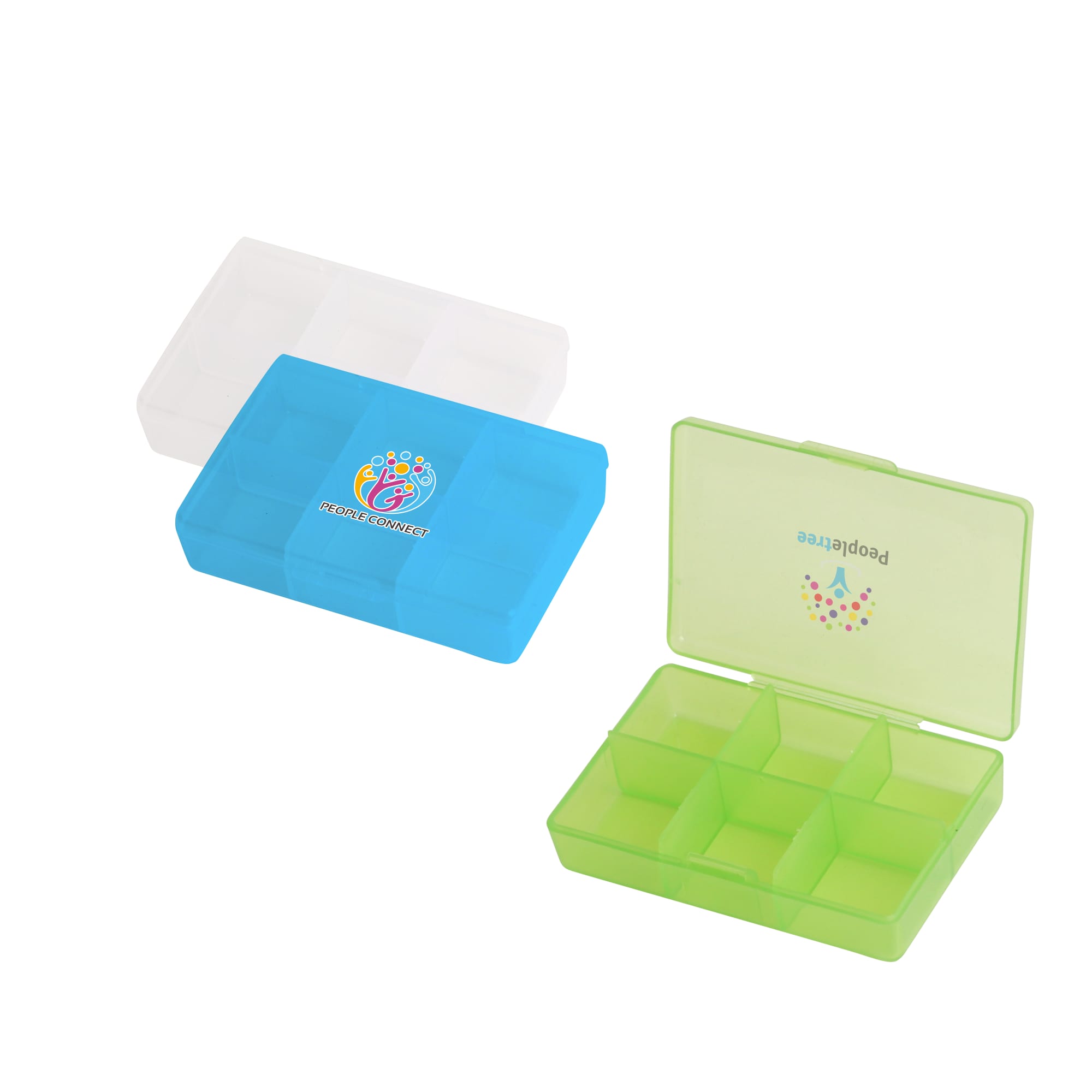 A blue and green square pill box with six compartments, featuring logos on the lids. One box is transparent. Square Six Compartment Pill Box - Image 1