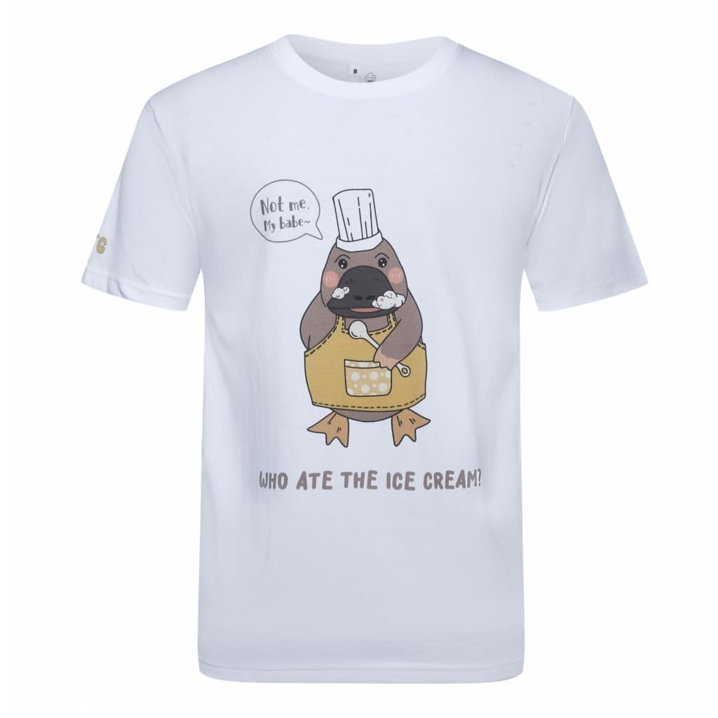 A white cotton t-shirt featuring a cartoon platypus in a chef's outfit with a playful slogan. A white cotton t-shirt featuring a cartoon platypus in a chef's outfit with a playful slogan.