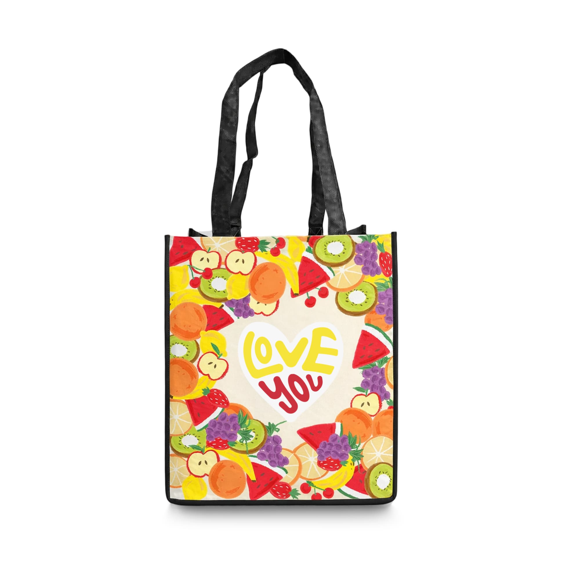 A custom tote bag featuring a vibrant fruit pattern in various colours, with black handles and a logo on the side. Custom Sublimation Tote Bag - Image 1